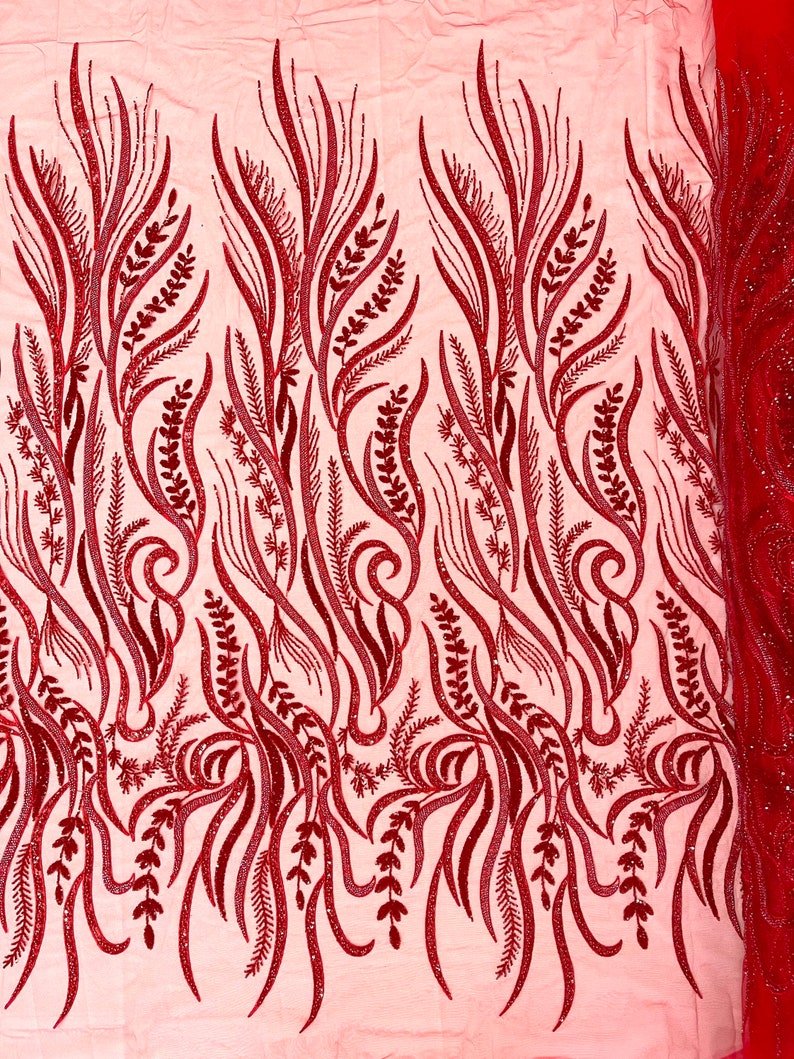 Phoenix Feather Beaded Lace Hand Beaded Lace Fabric - Gold, Hunter Green, Beige, Blush Pink, Ivory, Lavender, Red, Royal Blue, Silver, Black, 54" Width (1 Yard)