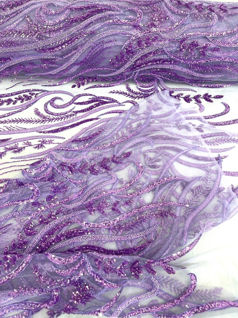 Phoenix Feather Beaded Lace Hand Beaded Lace Fabric - Gold, Hunter Green, Beige, Blush Pink, Ivory, Lavender, Red, Royal Blue, Silver, Black, 54" Width (1 Yard)