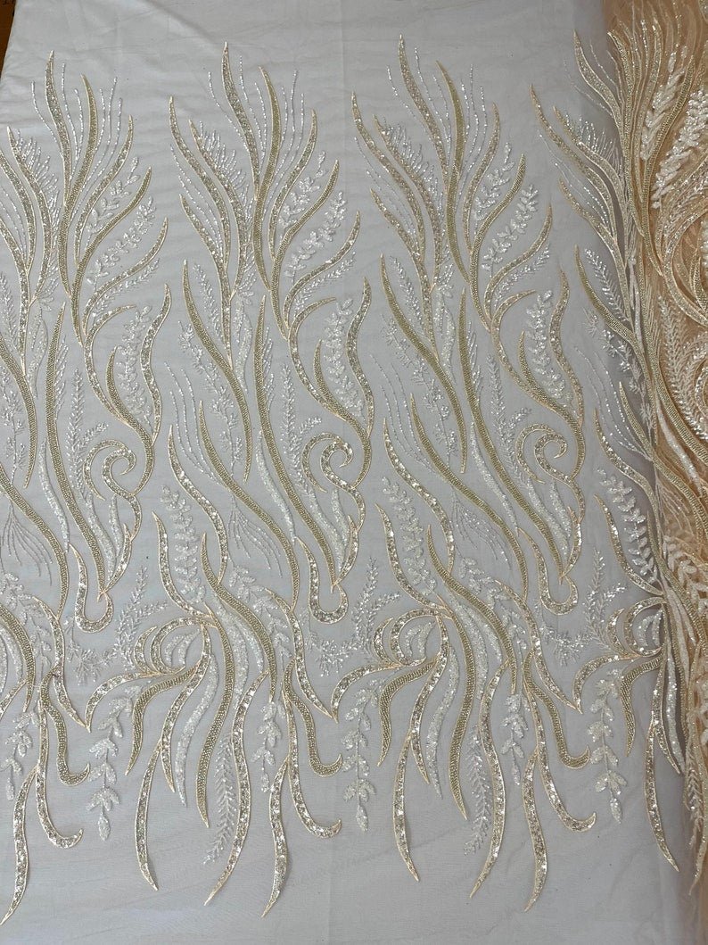 Phoenix Feather Beaded Lace Hand Beaded Lace Fabric - Gold, Hunter Green, Beige, Blush Pink, Ivory, Lavender, Red, Royal Blue, Silver, Black, 54" Width (1 Yard)
