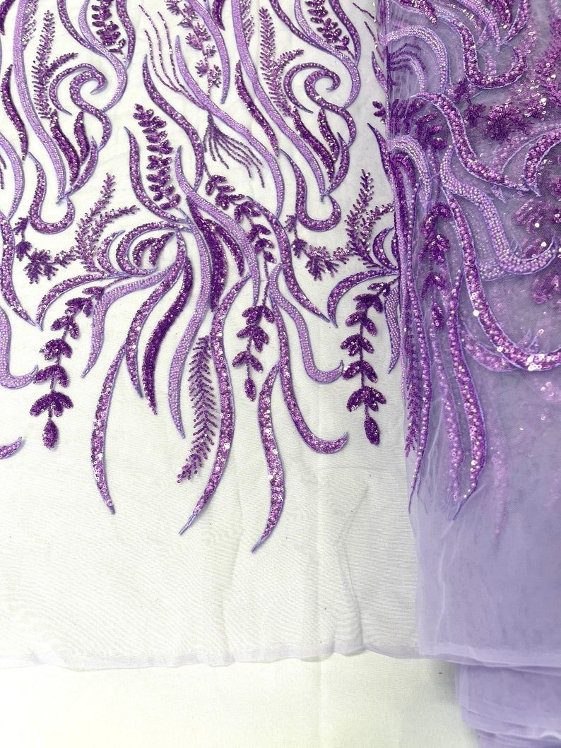 Phoenix Feather Beaded Lace Hand Beaded Lace Fabric - Gold, Hunter Green, Beige, Blush Pink, Ivory, Lavender, Red, Royal Blue, Silver, Black, 54" Width (1 Yard)