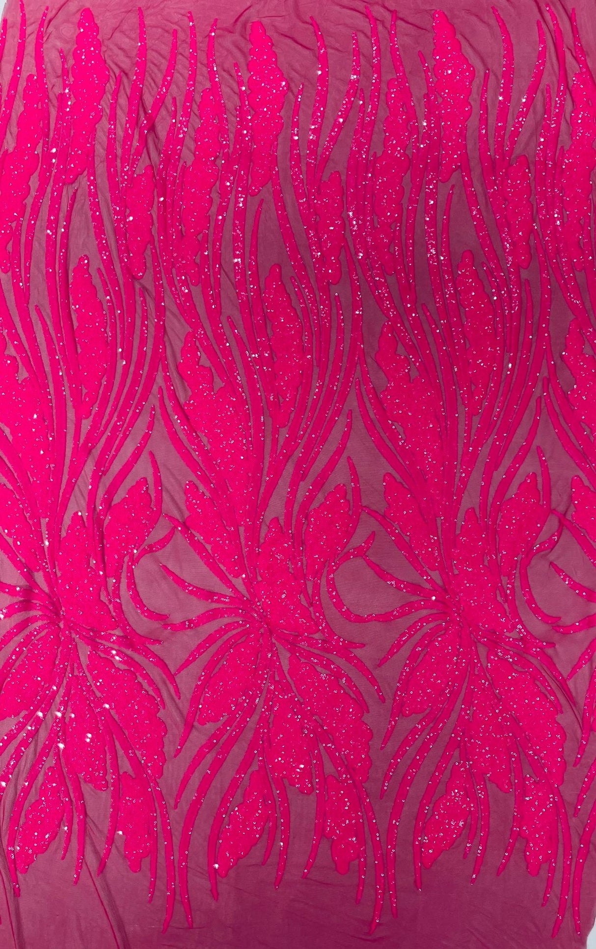 Feather Damask Shiny Sequin Design 4-Way Stretch Mesh Fabric - Damask Pattern, 54" Width (1 Yard)