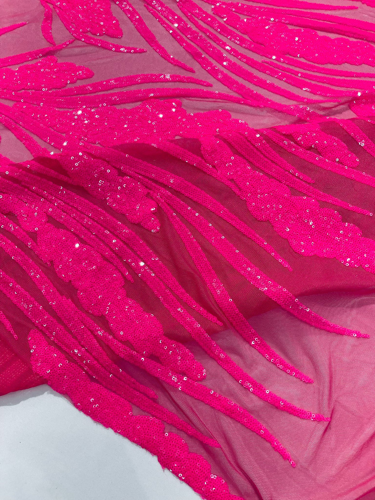 Feather Damask Shiny Sequin Design 4-Way Stretch Mesh Fabric - Damask Pattern, 54" Width (1 Yard)