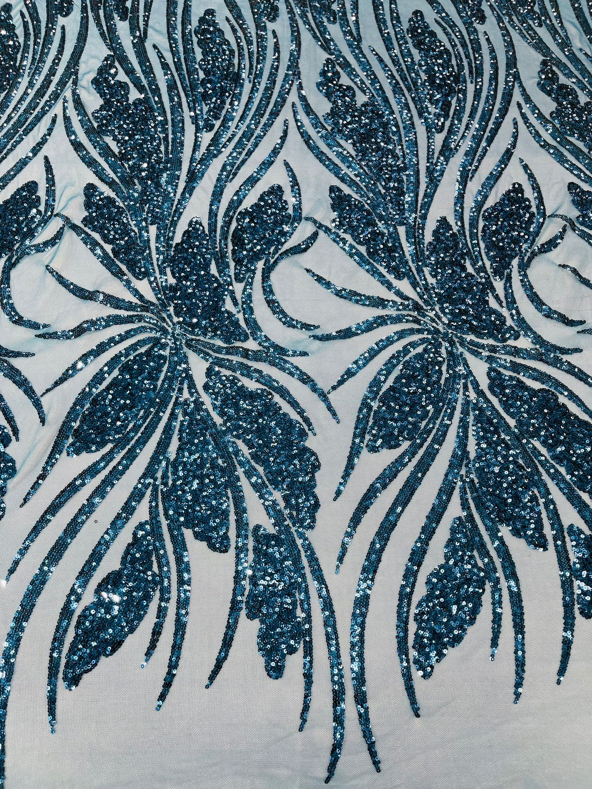 Feather Damask Shiny Sequin Design 4-Way Stretch Mesh Fabric - Damask Pattern, 54" Width (1 Yard)