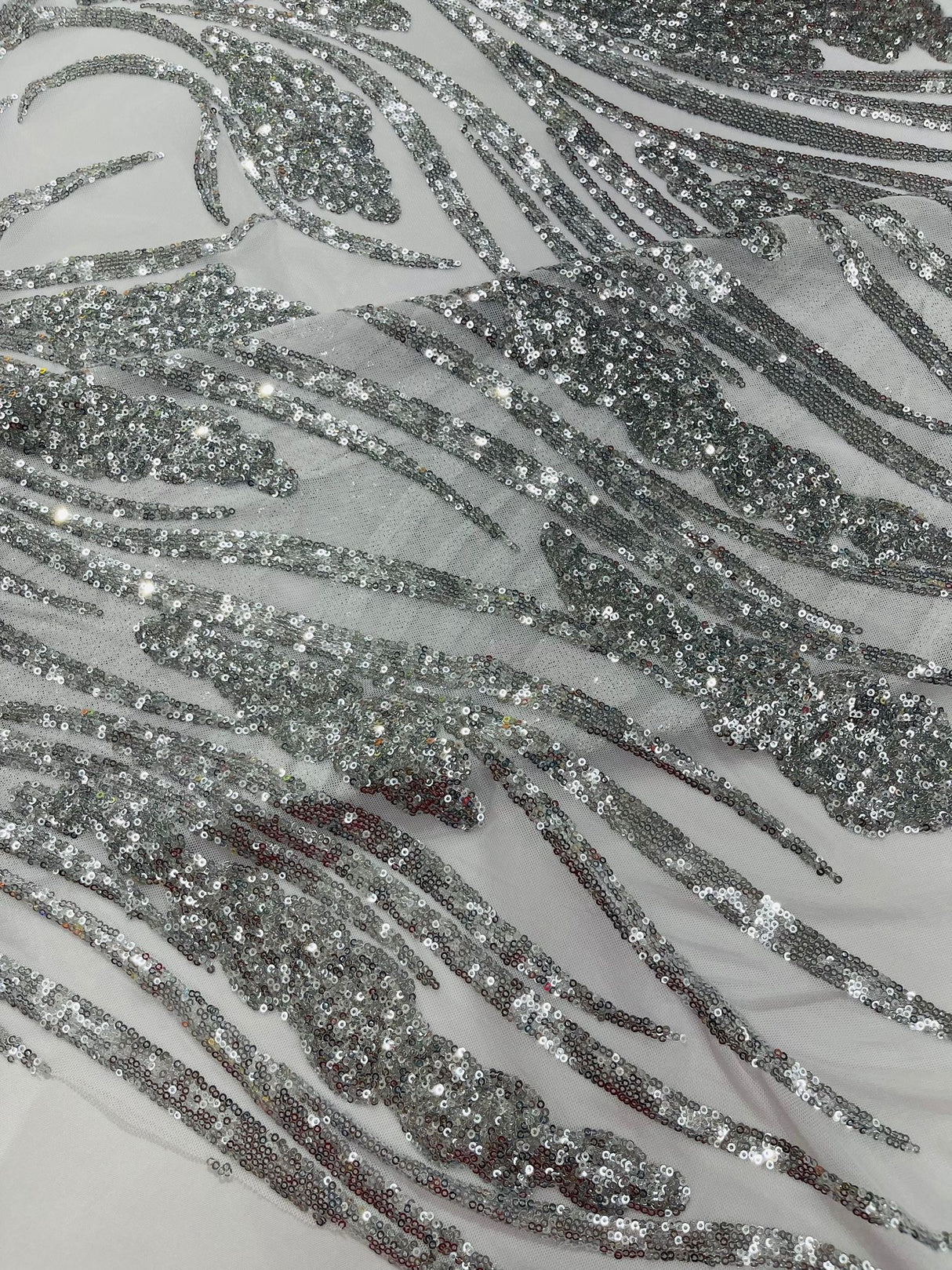 Feather Damask Shiny Sequin Design 4-Way Stretch Mesh Fabric - Damask Pattern, 54" Width (1 Yard)