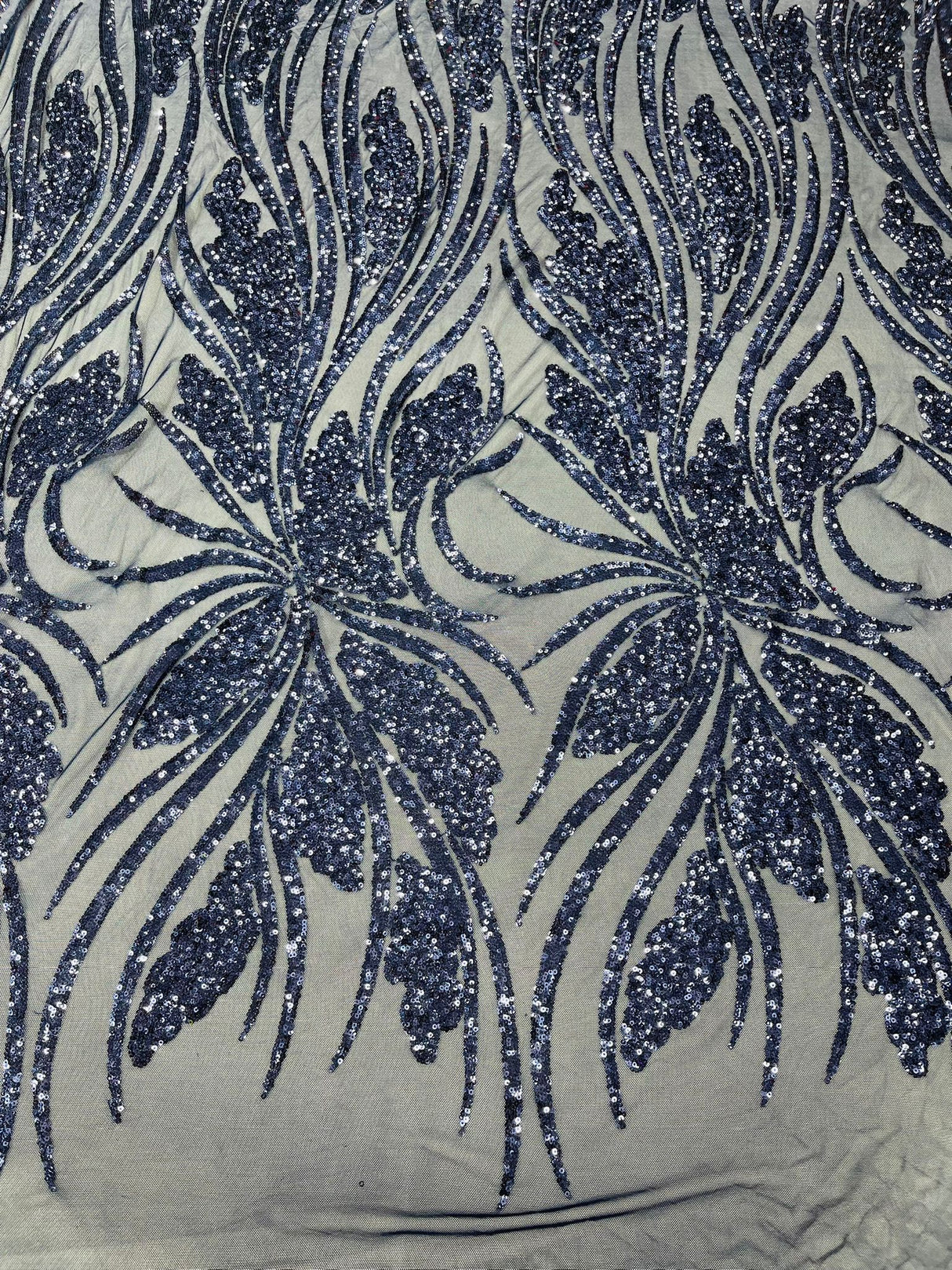 Feather Damask Shiny Sequin Design 4-Way Stretch Mesh Fabric - Damask Pattern, 54" Width (1 Yard)