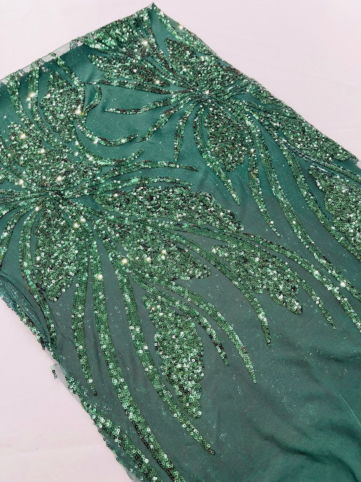 Feather Damask Shiny Sequin Design 4-Way Stretch Mesh Fabric - Damask Pattern, 54" Width (1 Yard)