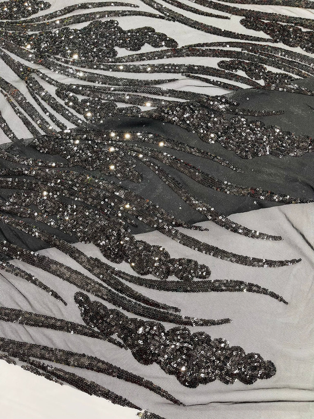 Feather Damask Shiny Sequin Design 4-Way Stretch Mesh Fabric - Damask Pattern, 54" Width (1 Yard)