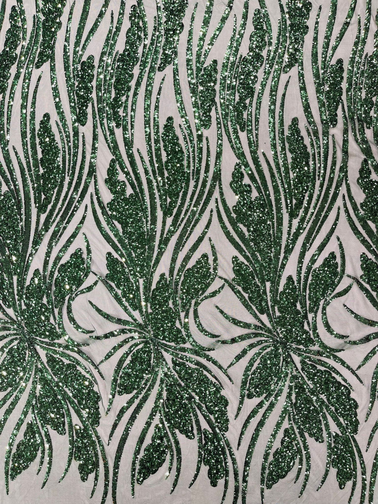 Feather Damask Shiny Sequin Design 4-Way Stretch Mesh Fabric - Damask Pattern, 54" Width (1 Yard)