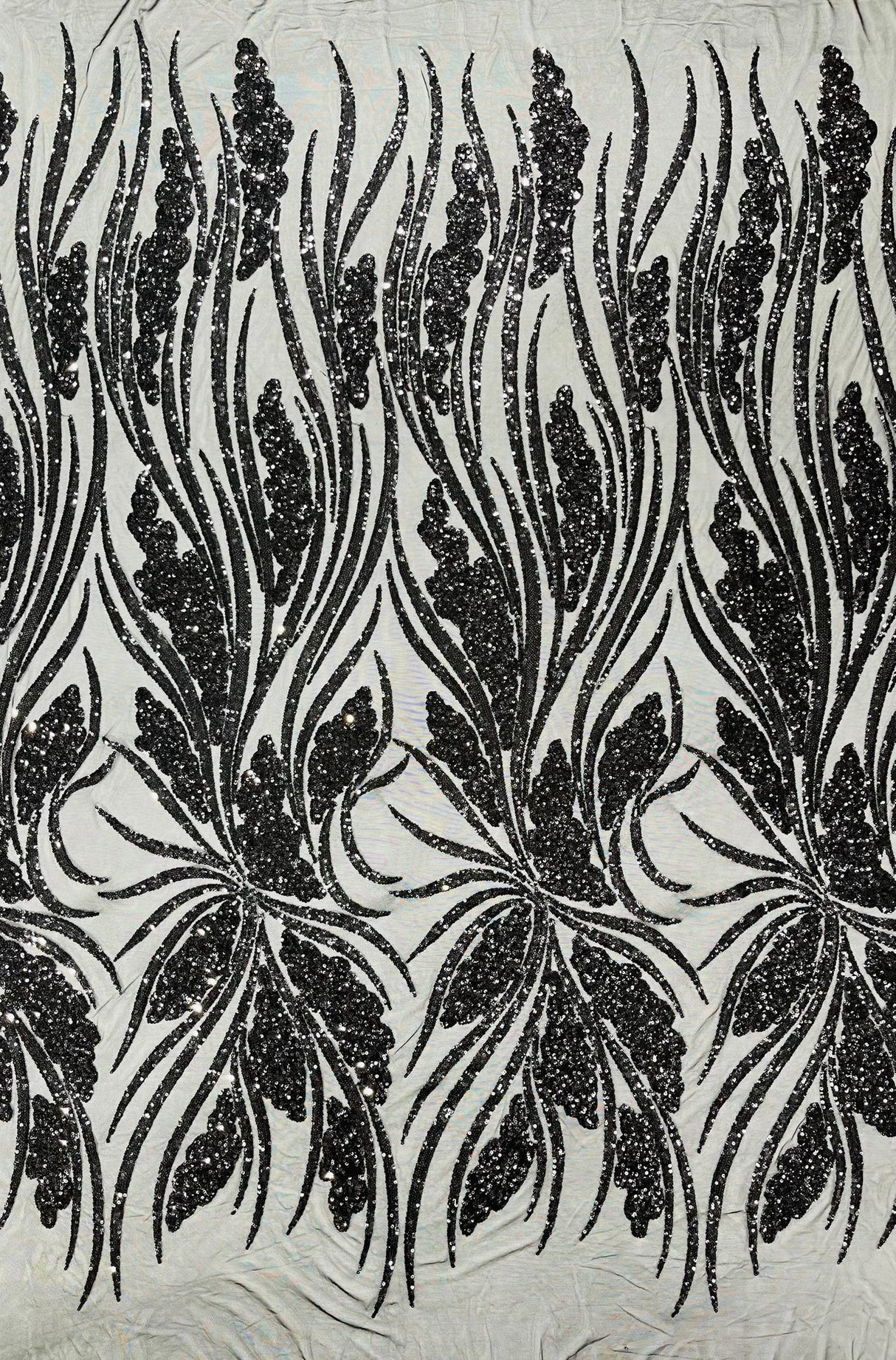 Feather Damask Shiny Sequin Design 4-Way Stretch Mesh Fabric - Damask Pattern, 54" Width (1 Yard)