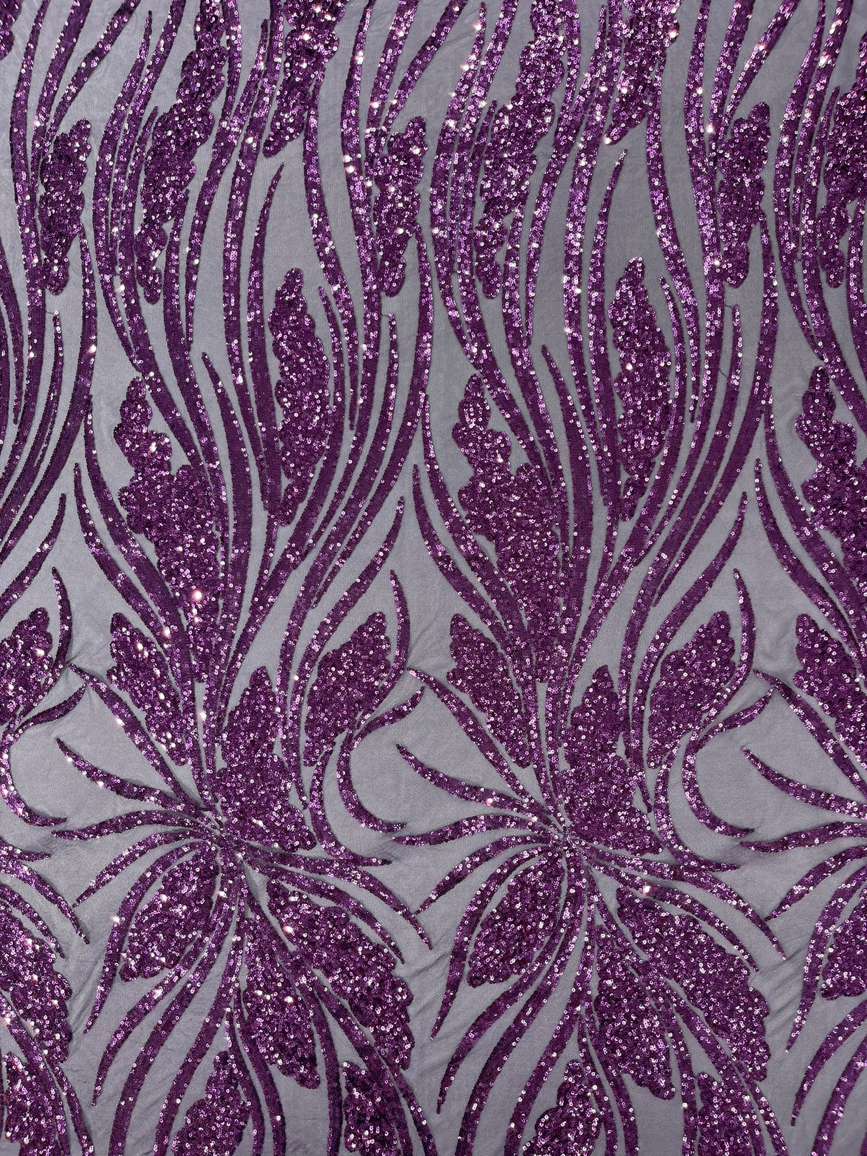 Feather Damask Shiny Sequin Design 4-Way Stretch Mesh Fabric - Damask Pattern, 54" Width (1 Yard)