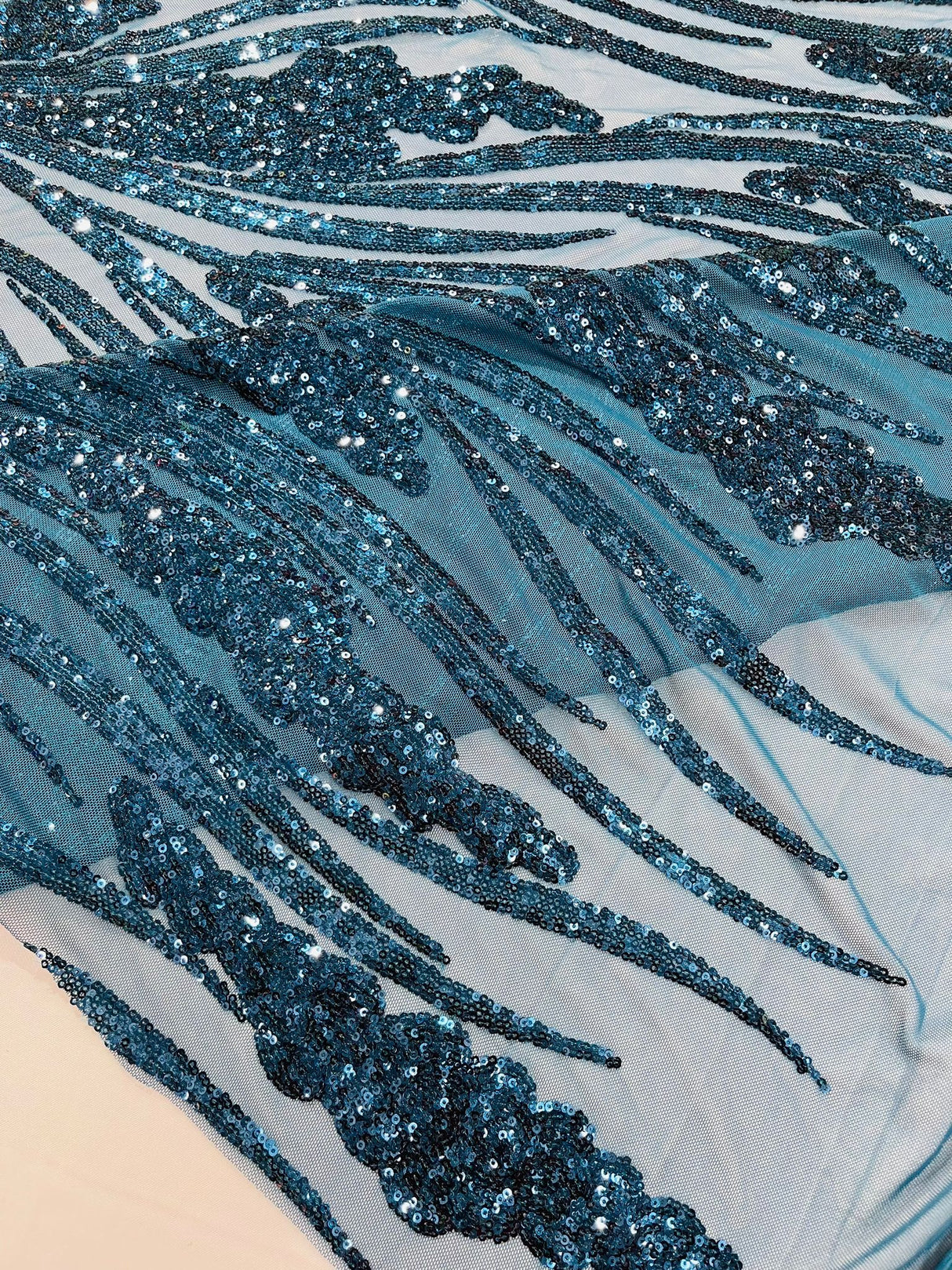 Feather Damask Shiny Sequin Design 4-Way Stretch Mesh Fabric - Damask Pattern, 54" Width (1 Yard)