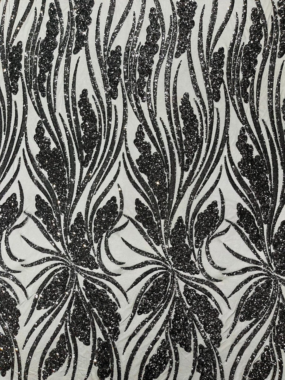Feather Damask Shiny Sequin Design 4-Way Stretch Mesh Fabric - Damask Pattern, 54" Width (1 Yard)