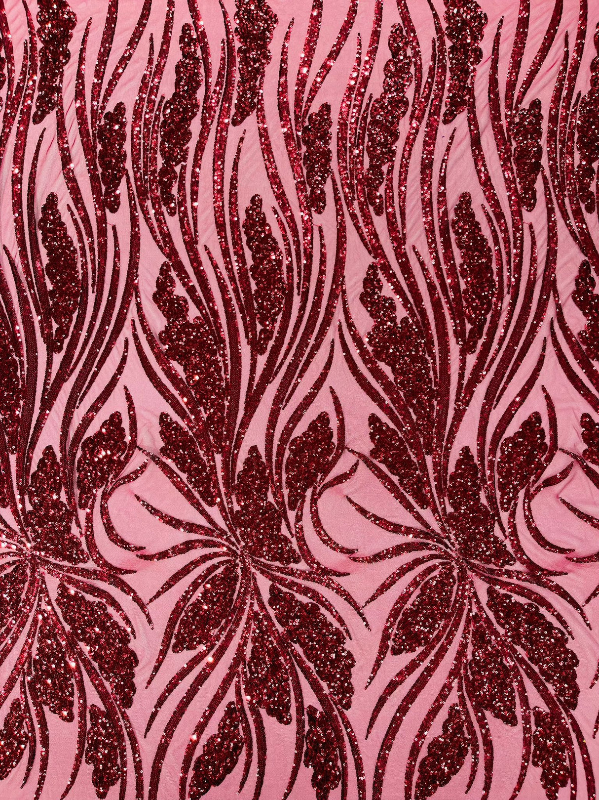 Feather Damask Shiny Sequin Design 4-Way Stretch Mesh Fabric - Damask Pattern, 54" Width (1 Yard)