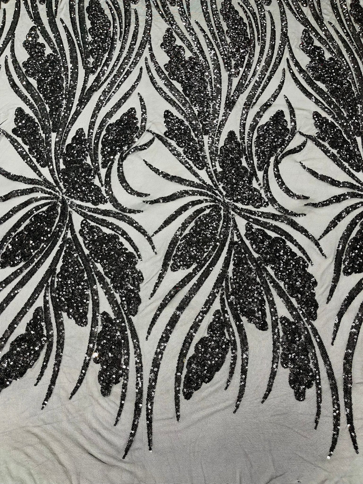 Feather Damask Shiny Sequin Design 4-Way Stretch Mesh Fabric - Damask Pattern, 54" Width (1 Yard)