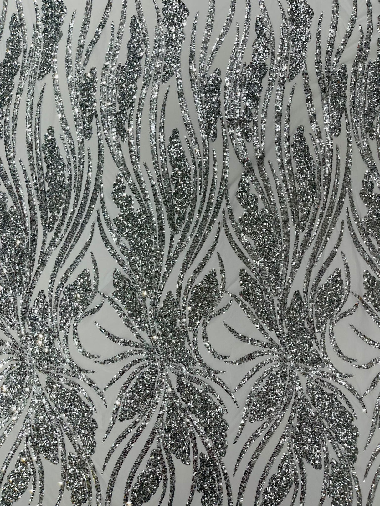 Feather Damask Shiny Sequin Design 4-Way Stretch Mesh Fabric - Damask Pattern, 54" Width (1 Yard)