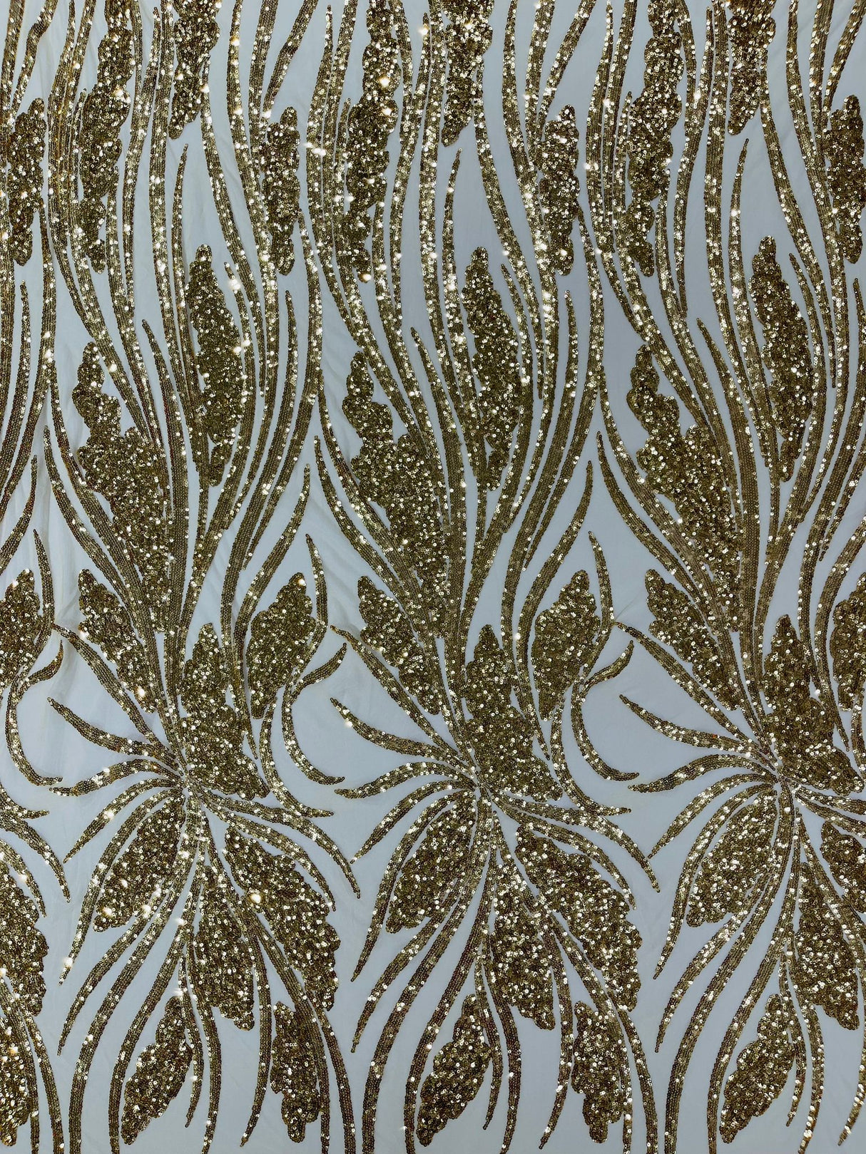 Feather Damask Shiny Sequin Design 4-Way Stretch Mesh Fabric - Damask Pattern, 54" Width (1 Yard)