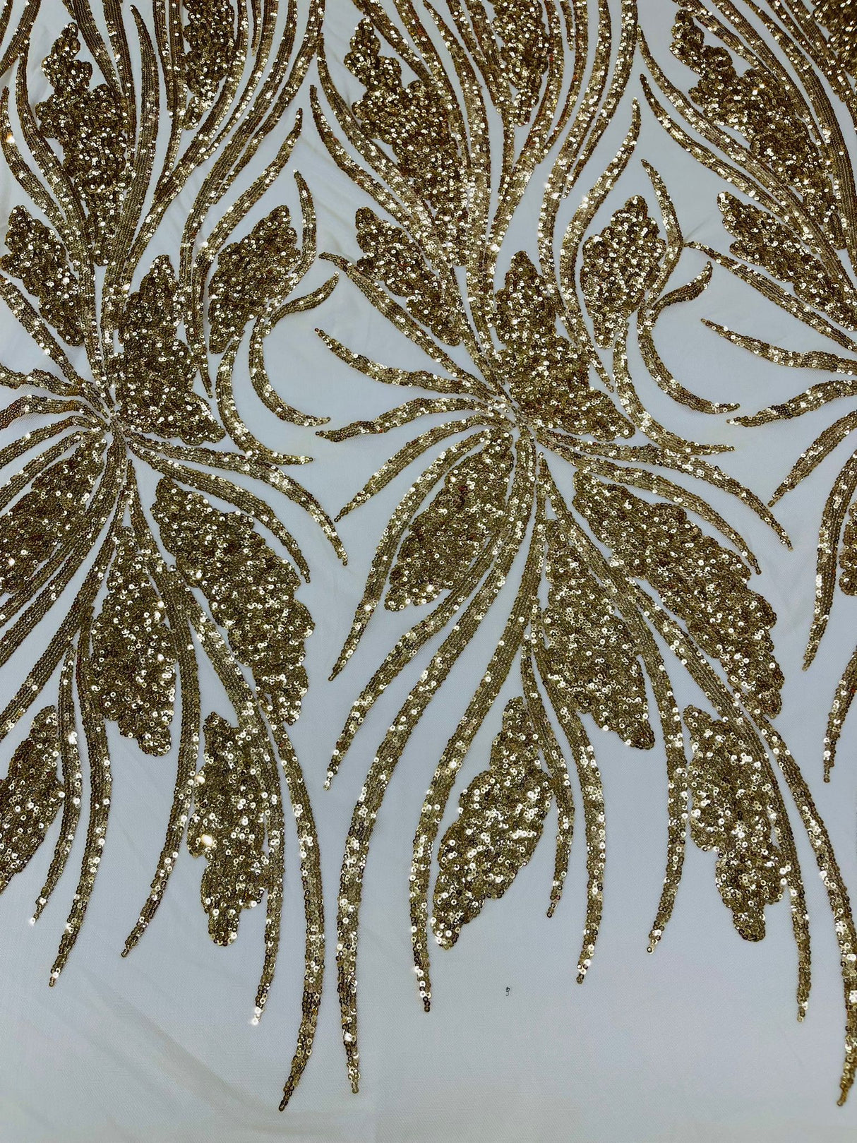 Feather Damask Shiny Sequin Design 4-Way Stretch Mesh Fabric - Damask Pattern, 54" Width (1 Yard)