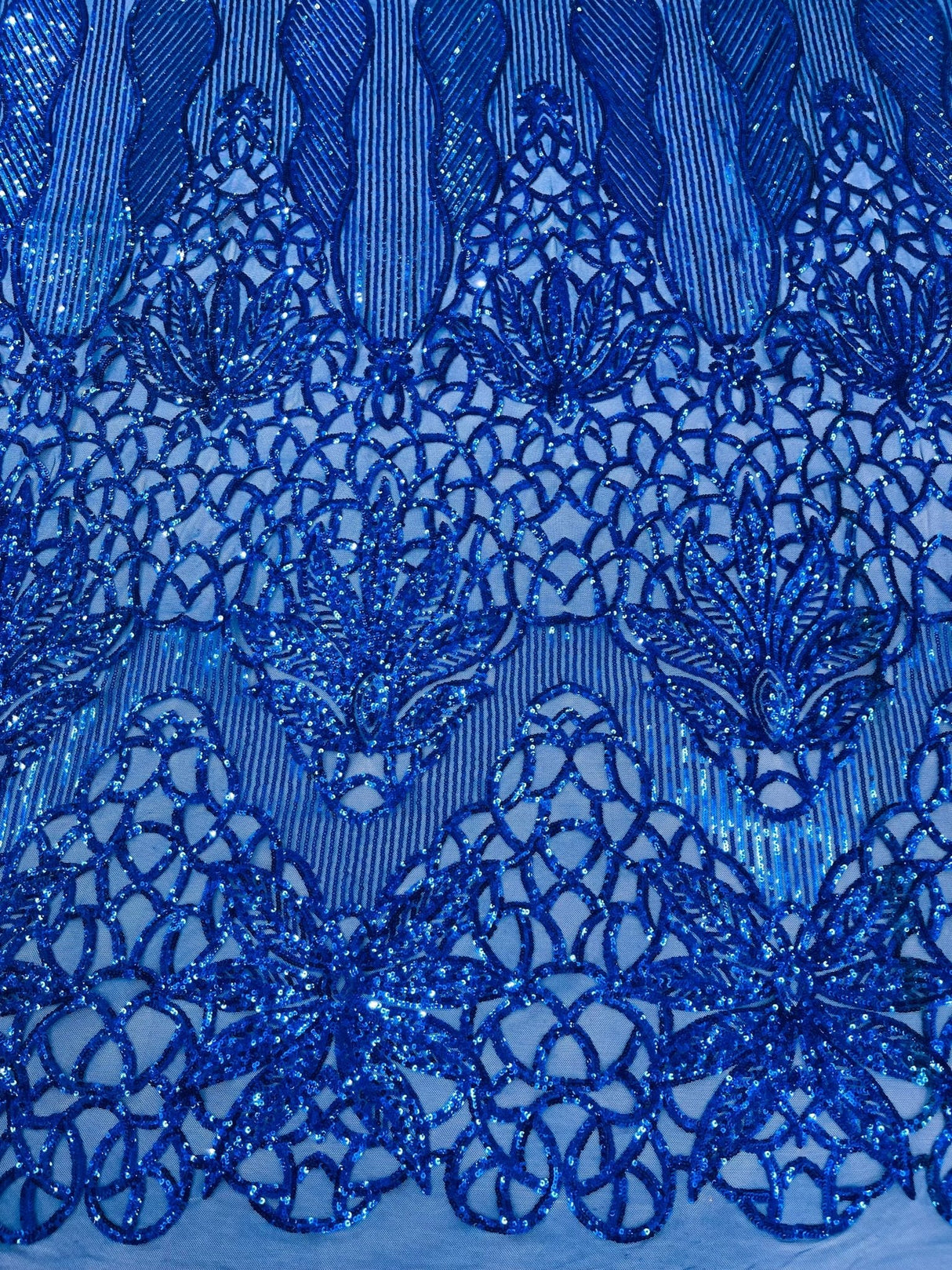 Feather Damask Sequin Design 4 Way Stretch Mesh Fabric - Floral Damask, Iridescent Sequins, 4 Way Stretch, 1 Yard