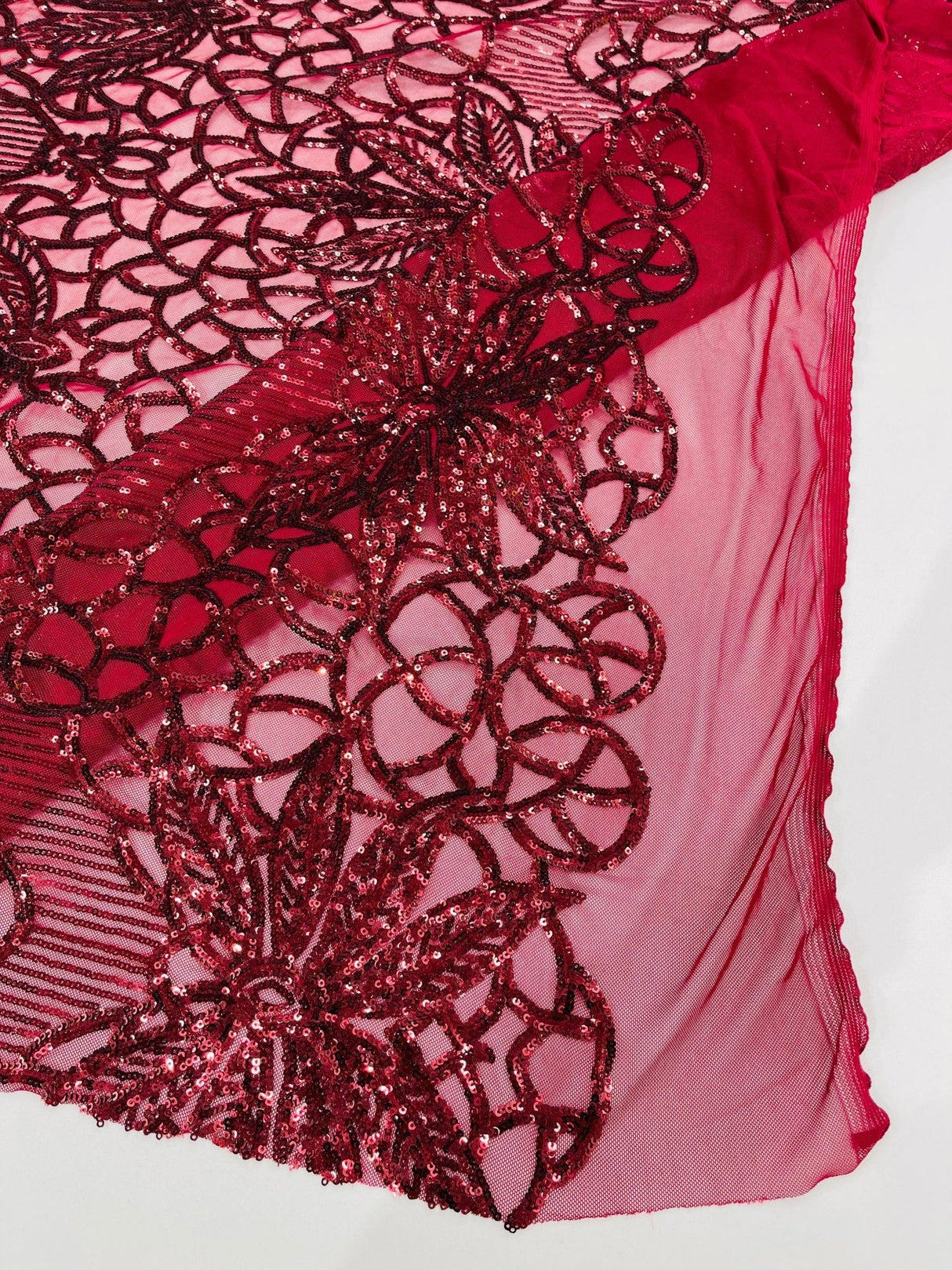 Feather Damask Sequin Design 4 Way Stretch Mesh Fabric - Floral Damask, Iridescent Sequins, 4 Way Stretch, 1 Yard