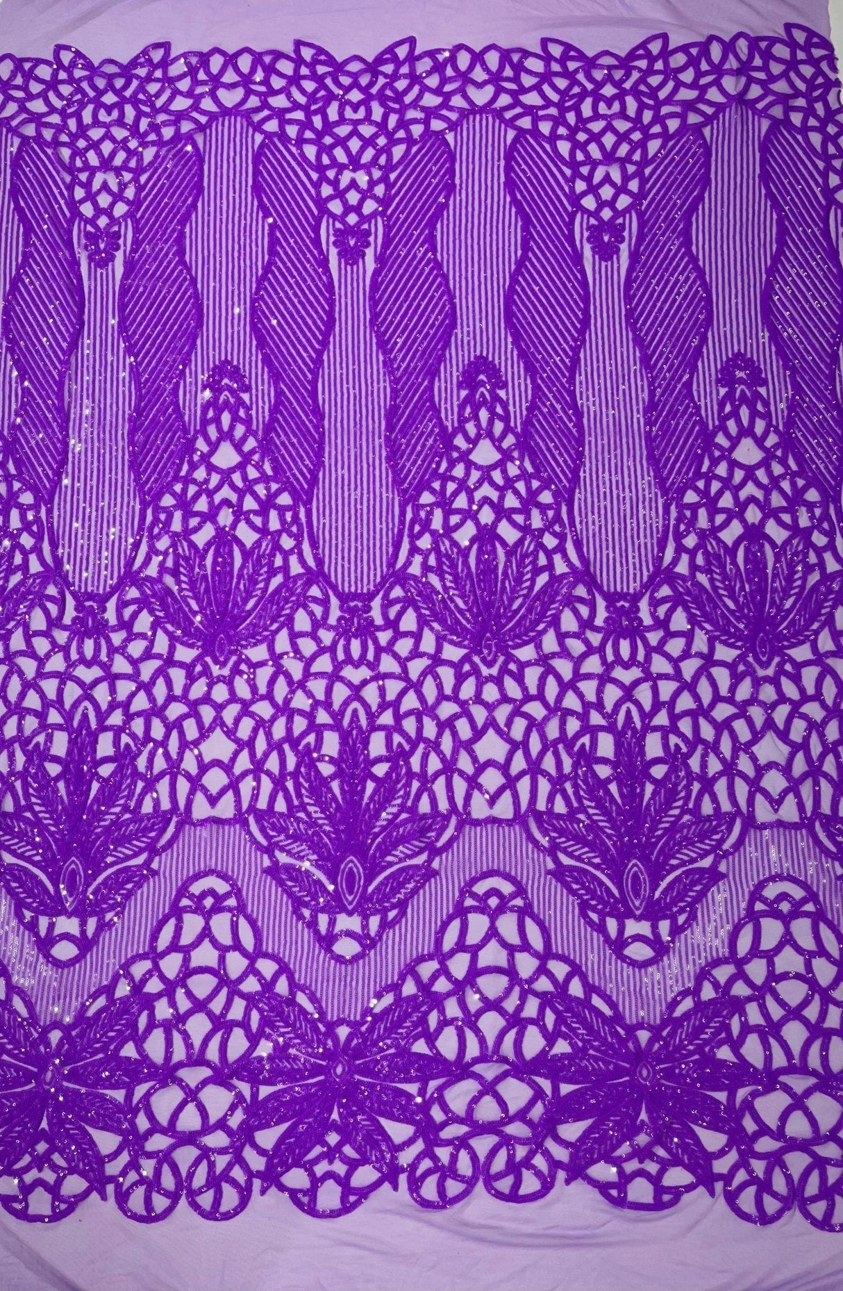 Feather Damask Sequin Design 4 Way Stretch Mesh Fabric - Floral Damask, Iridescent Sequins, 4 Way Stretch, 1 Yard