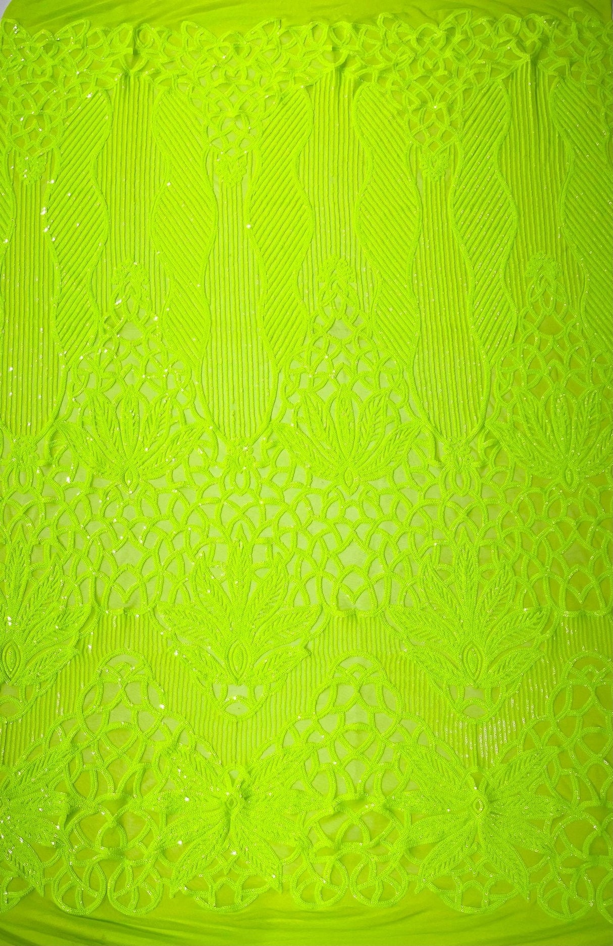 Feather Damask Sequin Design 4 Way Stretch Mesh Fabric - Floral Damask, Iridescent Sequins, 4 Way Stretch, 1 Yard