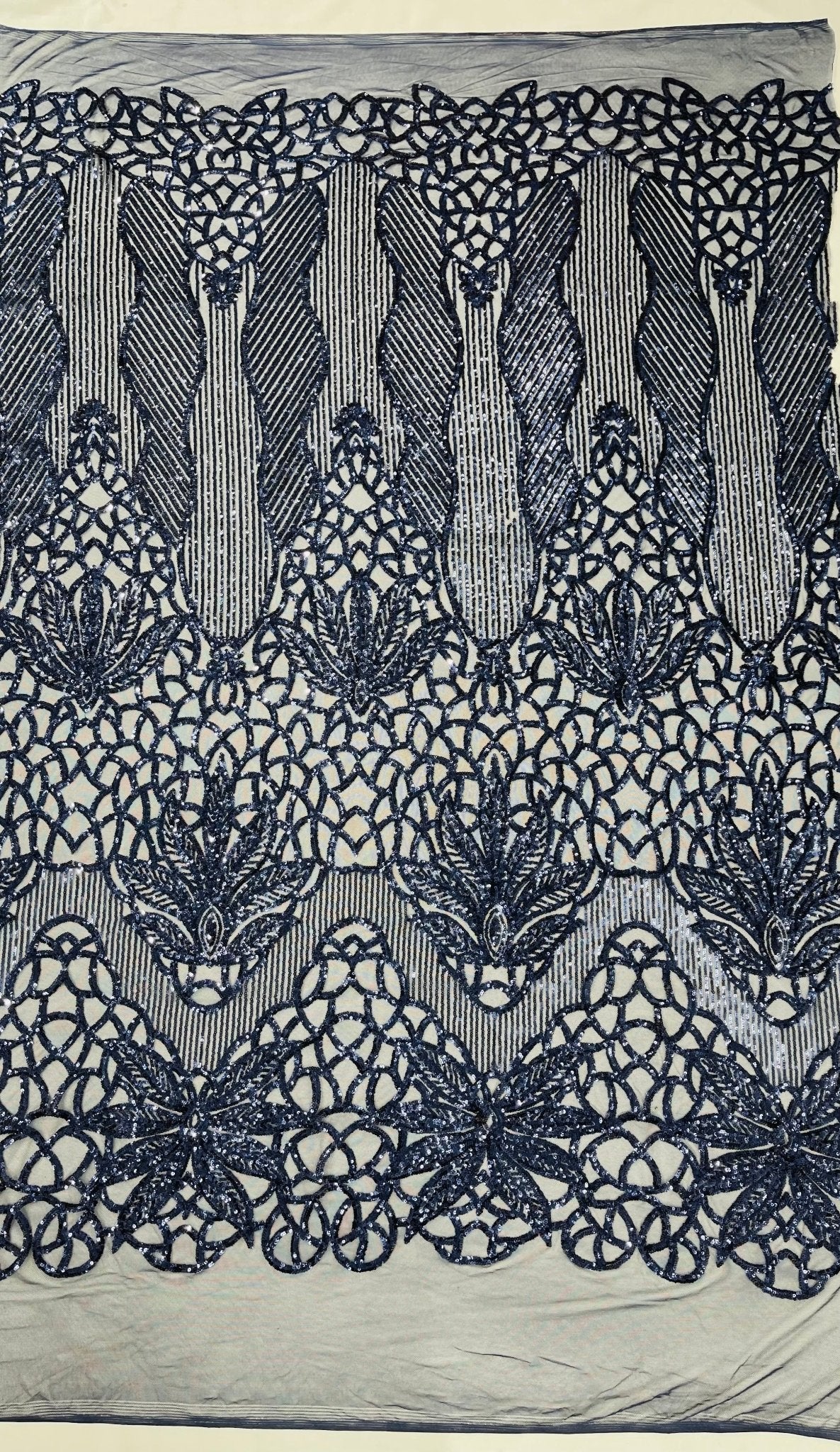 Feather Damask Sequin Design 4 Way Stretch Mesh Fabric - Floral Damask, Iridescent Sequins, 4 Way Stretch, 1 Yard