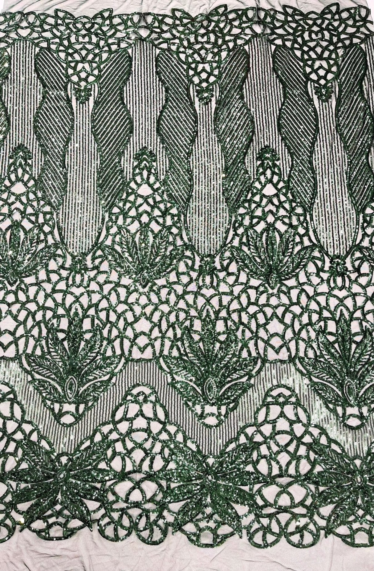 Feather Damask Sequin Design 4 Way Stretch Mesh Fabric - Floral Damask, Iridescent Sequins, 4 Way Stretch, 1 Yard