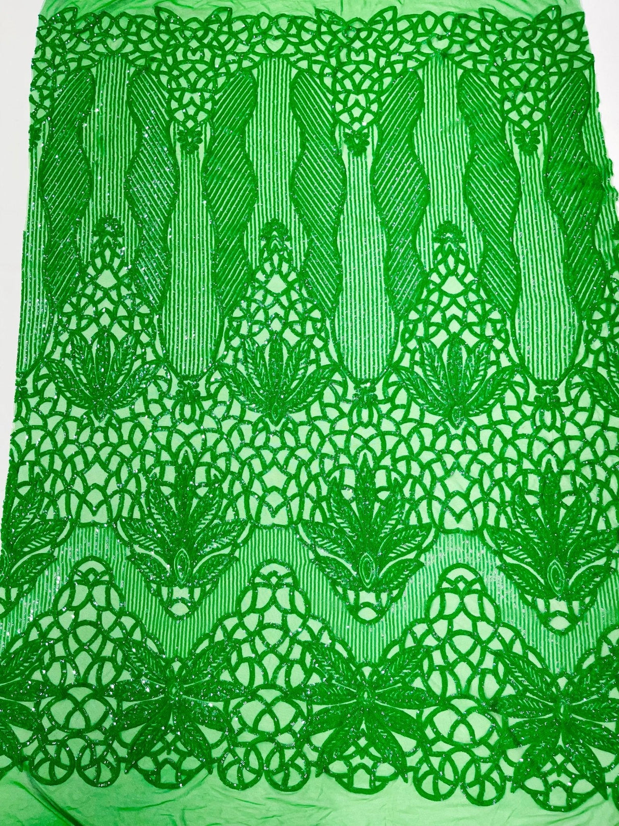 Feather Damask Sequin Design 4 Way Stretch Mesh Fabric - Floral Damask, Iridescent Sequins, 4 Way Stretch, 1 Yard
