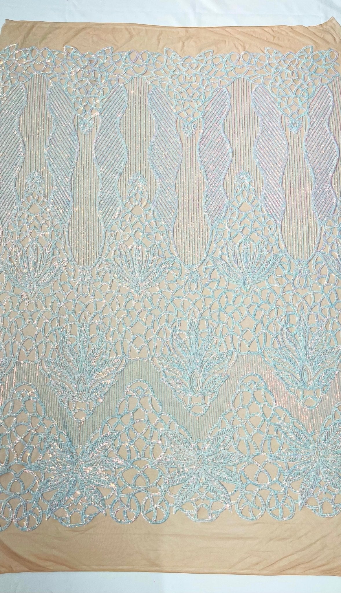 Feather Damask Sequin Design 4 Way Stretch Mesh Fabric - Floral Damask, Iridescent Sequins, 4 Way Stretch, 1 Yard