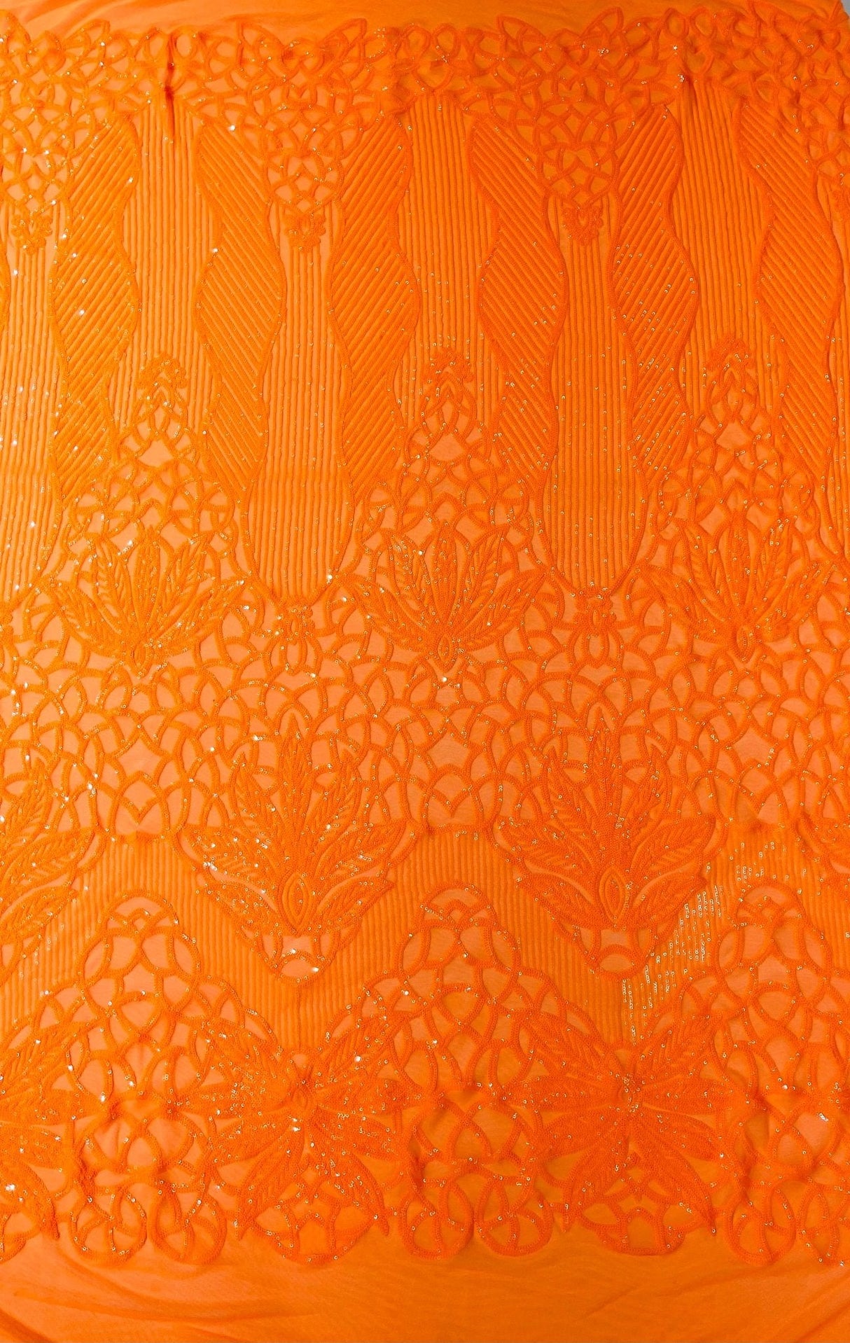 Feather Damask Sequin Design 4 Way Stretch Mesh Fabric - Floral Damask, Iridescent Sequins, 4 Way Stretch, 1 Yard