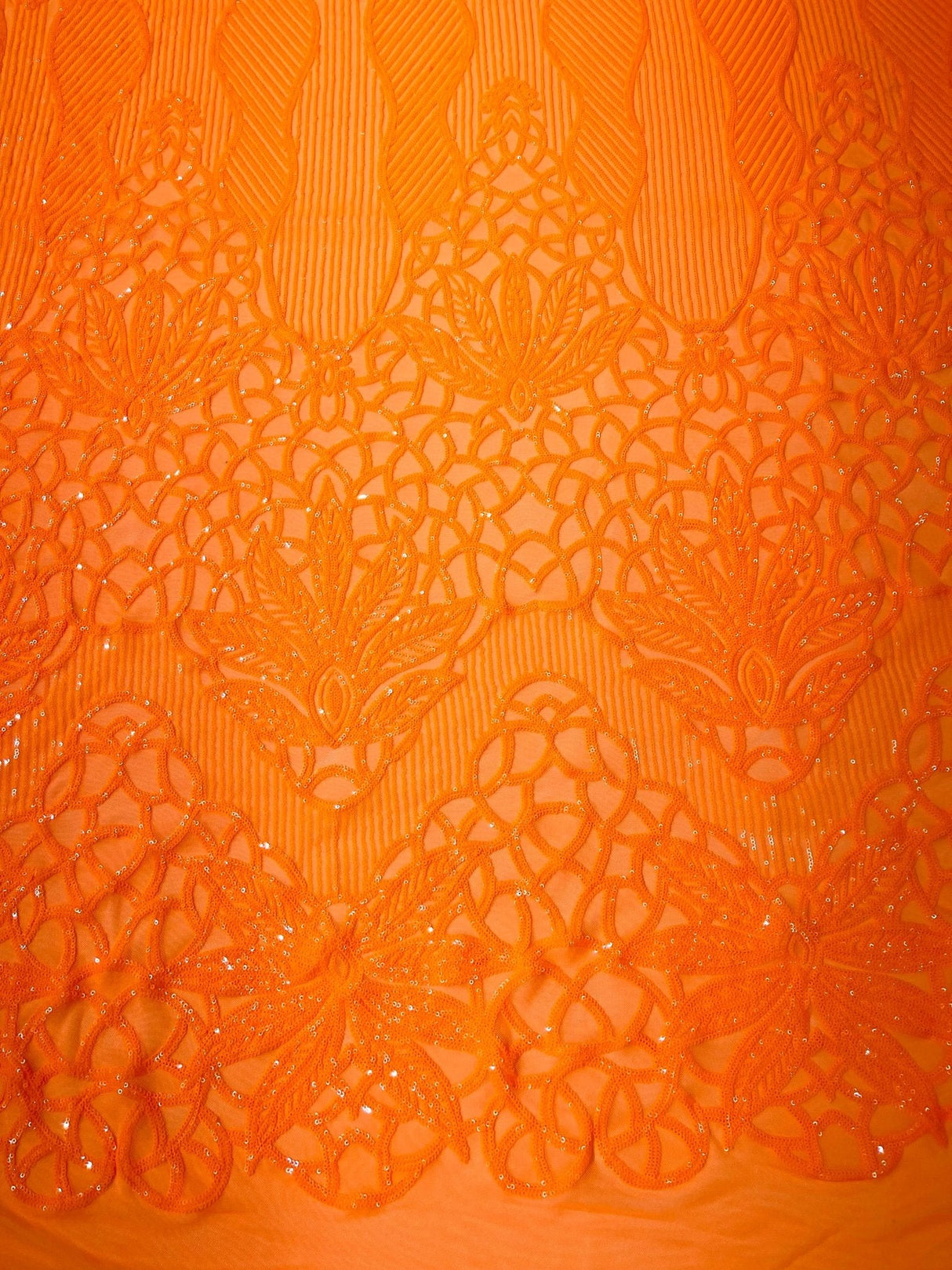 Feather Damask Sequin Design 4 Way Stretch Mesh Fabric - Floral Damask, Iridescent Sequins, 4 Way Stretch, 1 Yard