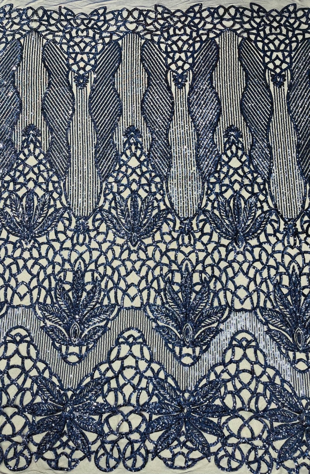 Feather Damask Sequin Design 4 Way Stretch Mesh Fabric - Floral Damask, Iridescent Sequins, 4 Way Stretch, 1 Yard