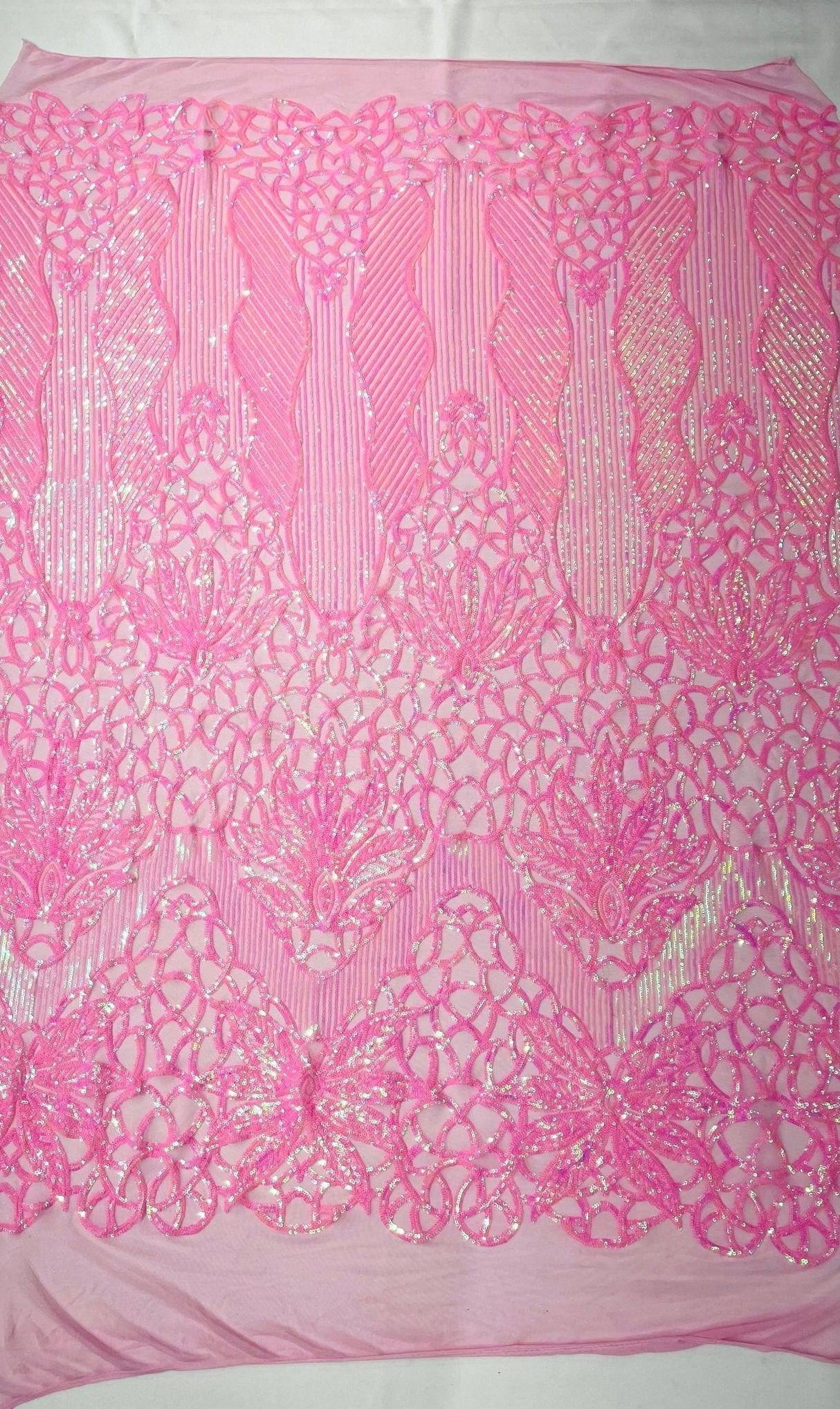 Feather Damask Sequin Design 4 Way Stretch Mesh Fabric - Floral Damask, Iridescent Sequins, 4 Way Stretch, 1 Yard
