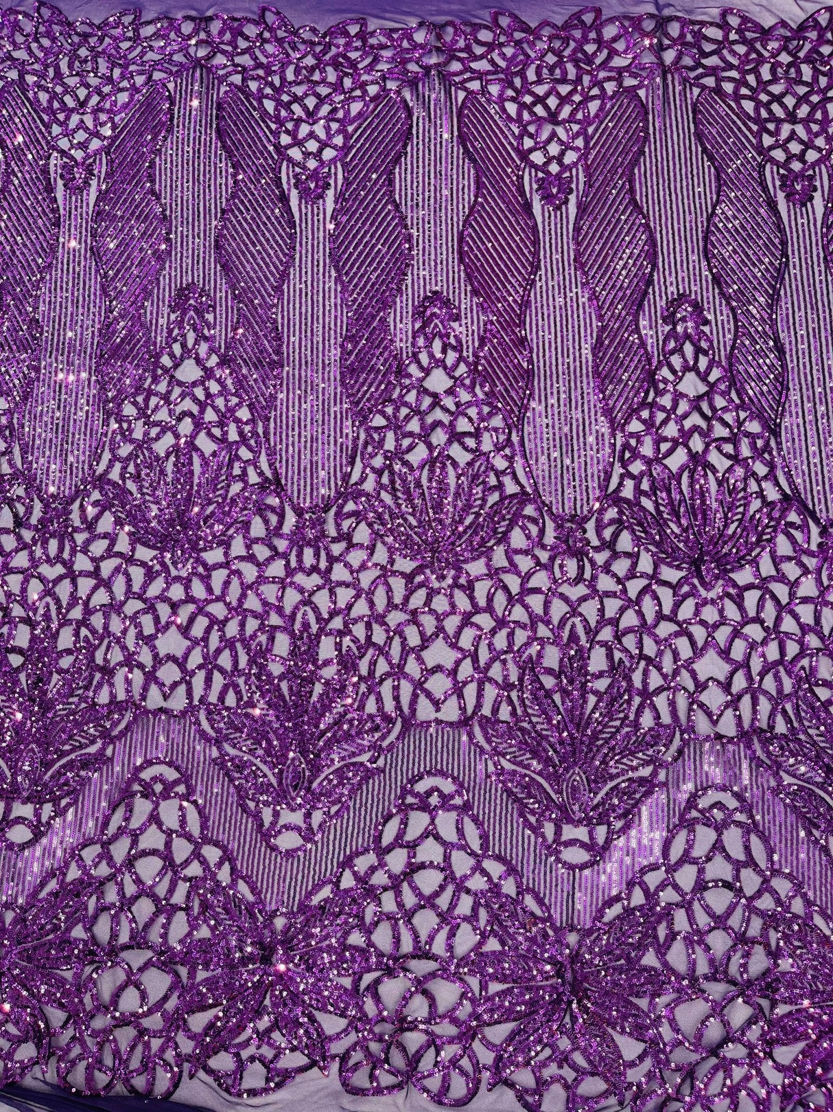 Feather Damask Sequin Design 4 Way Stretch Mesh Fabric - Floral Damask, Iridescent Sequins, 4 Way Stretch, 1 Yard
