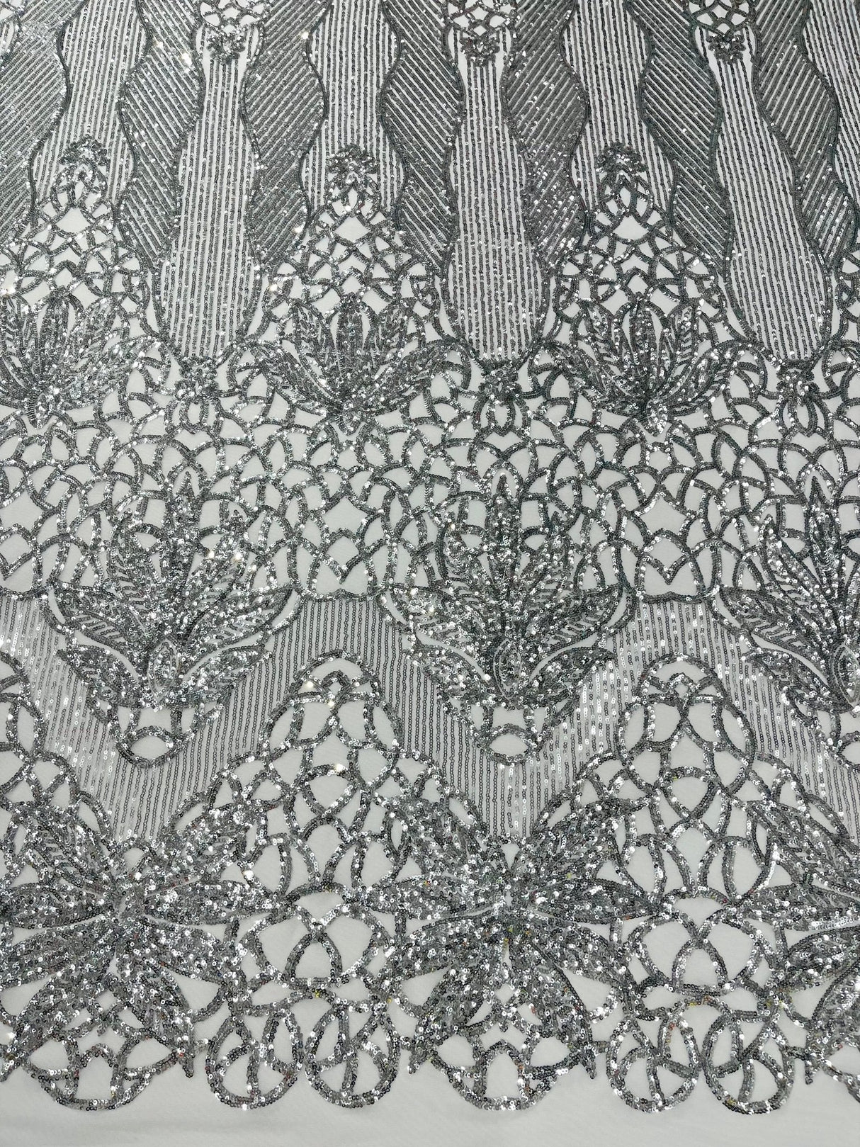 Feather Damask Sequin Design 4 Way Stretch Mesh Fabric - Floral Damask, Iridescent Sequins, 4 Way Stretch, 1 Yard
