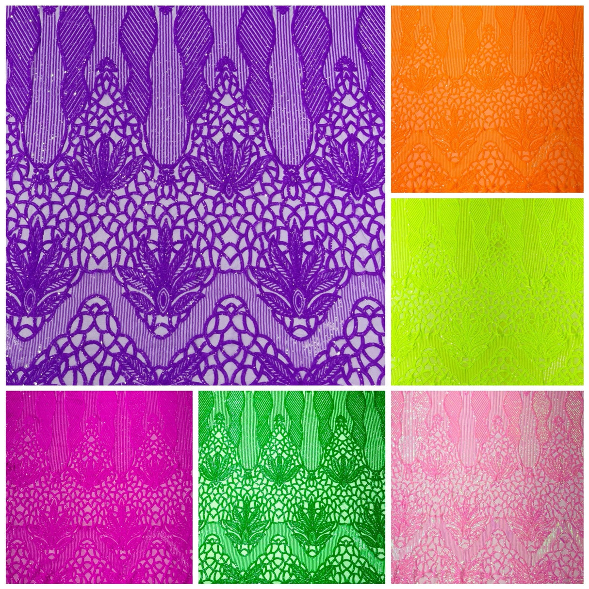 Feather Damask Sequin Design 4 Way Stretch Mesh Fabric - Floral Damask, Iridescent Sequins, 4 Way Stretch, 1 Yard