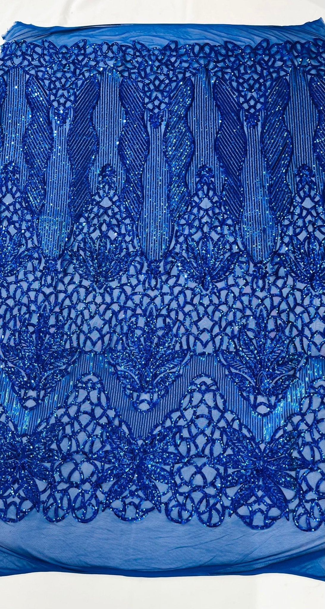 Feather Damask Sequin Design 4 Way Stretch Mesh Fabric - Floral Damask, Iridescent Sequins, 4 Way Stretch, 1 Yard