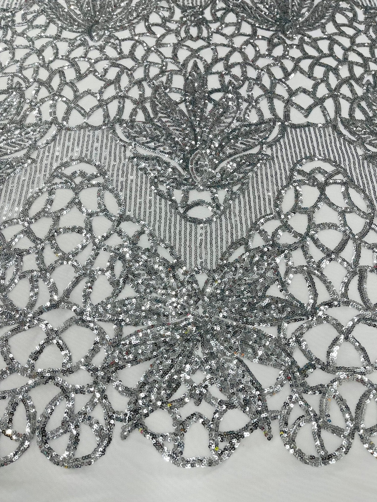 Feather Damask Sequin Design 4 Way Stretch Mesh Fabric - Floral Damask, Iridescent Sequins, 4 Way Stretch, 1 Yard