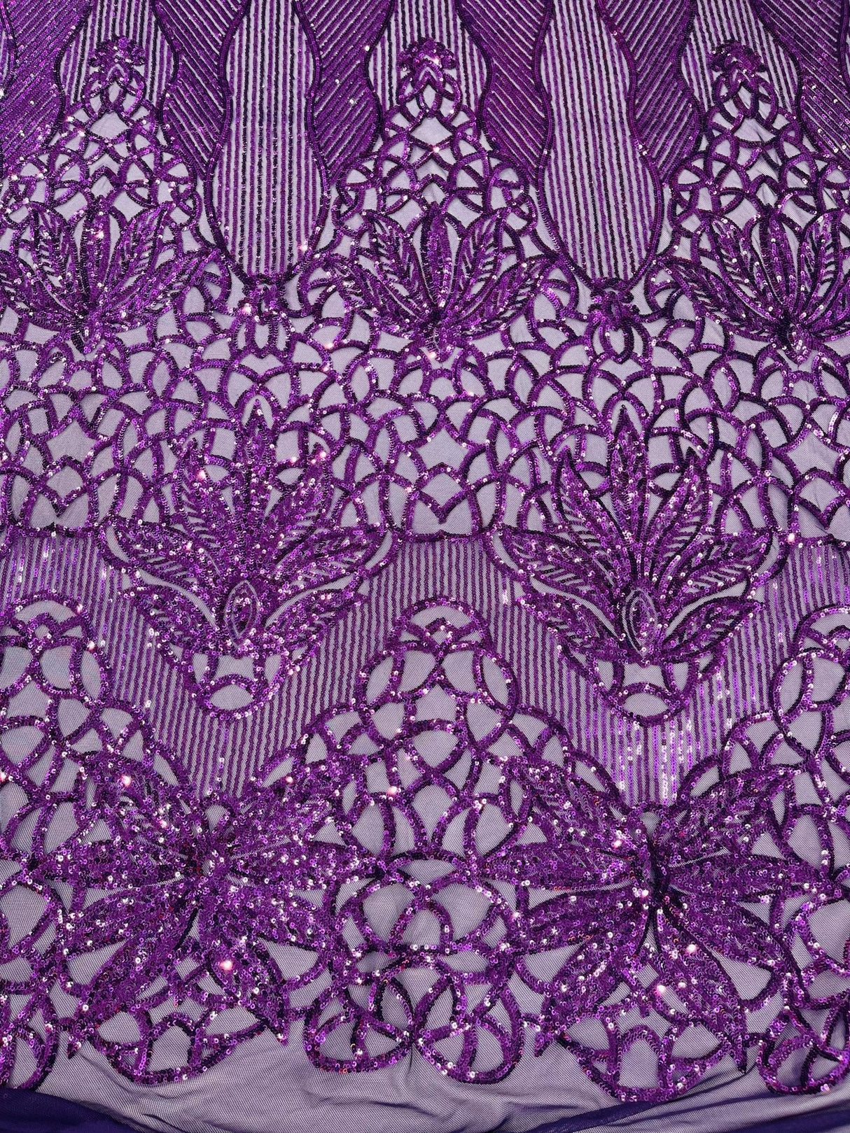 Feather Damask Sequin Design 4 Way Stretch Mesh Fabric - Floral Damask, Iridescent Sequins, 4 Way Stretch, 1 Yard