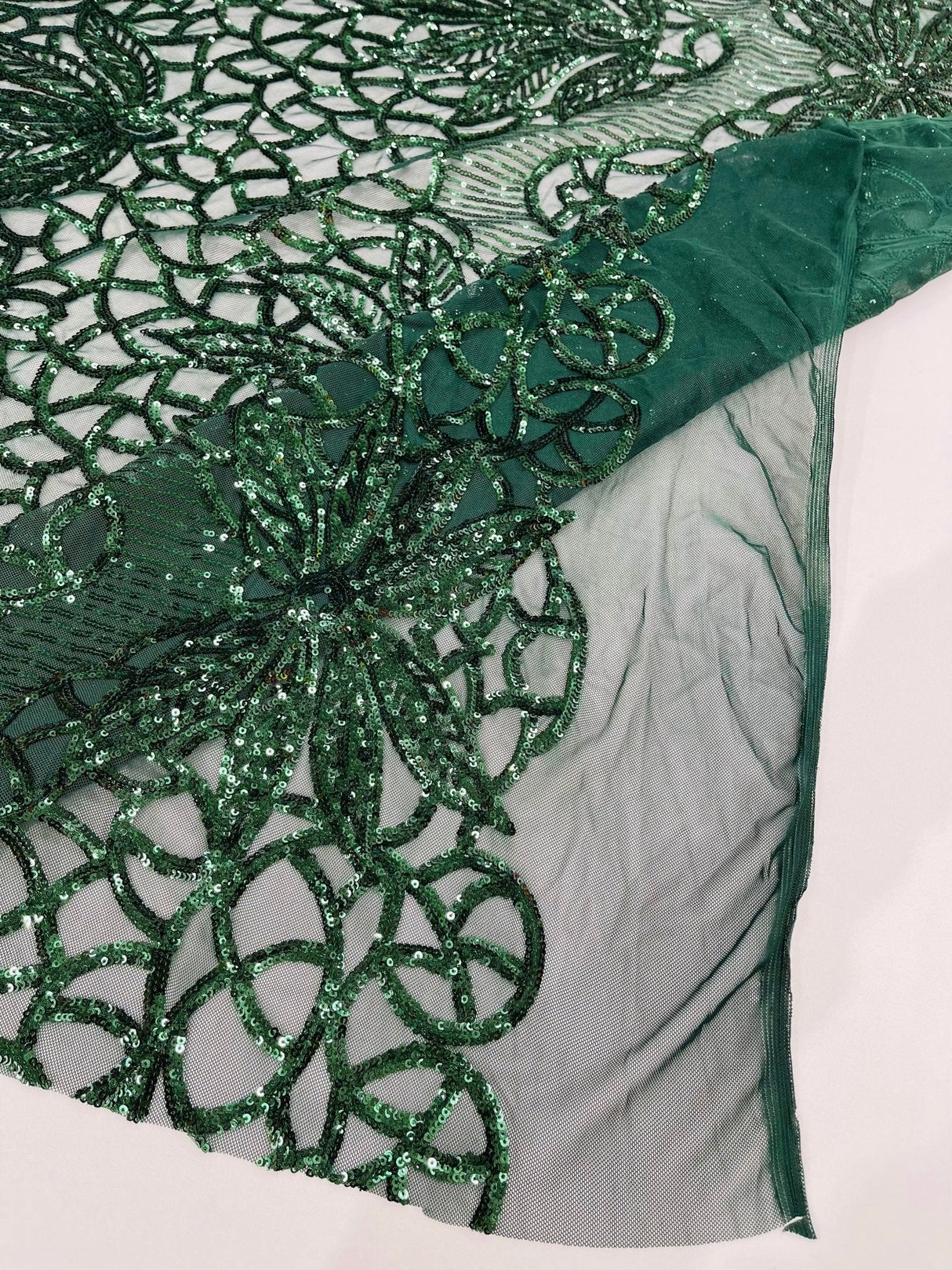 Feather Damask Sequin Design 4 Way Stretch Mesh Fabric - Floral Damask, Iridescent Sequins, 4 Way Stretch, 1 Yard