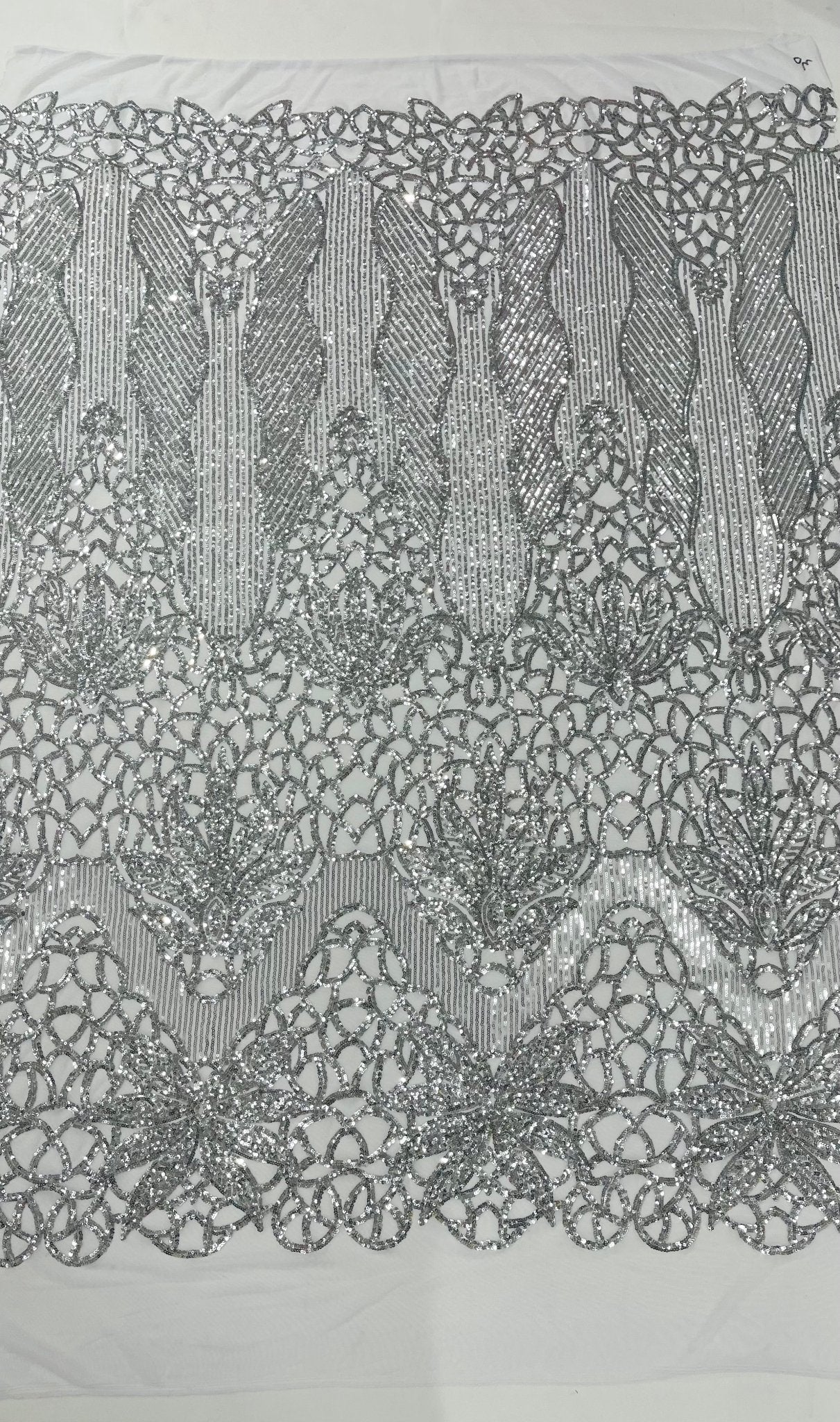 Feather Damask Sequin Design 4 Way Stretch Mesh Fabric - Floral Damask, Iridescent Sequins, 4 Way Stretch, 1 Yard