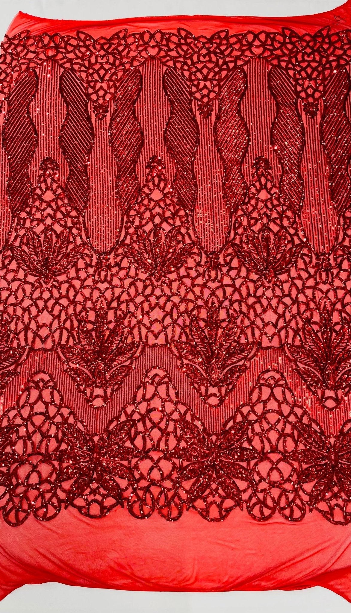 Feather Damask Sequin Design 4 Way Stretch Mesh Fabric - Floral Damask, Iridescent Sequins, 4 Way Stretch, 1 Yard