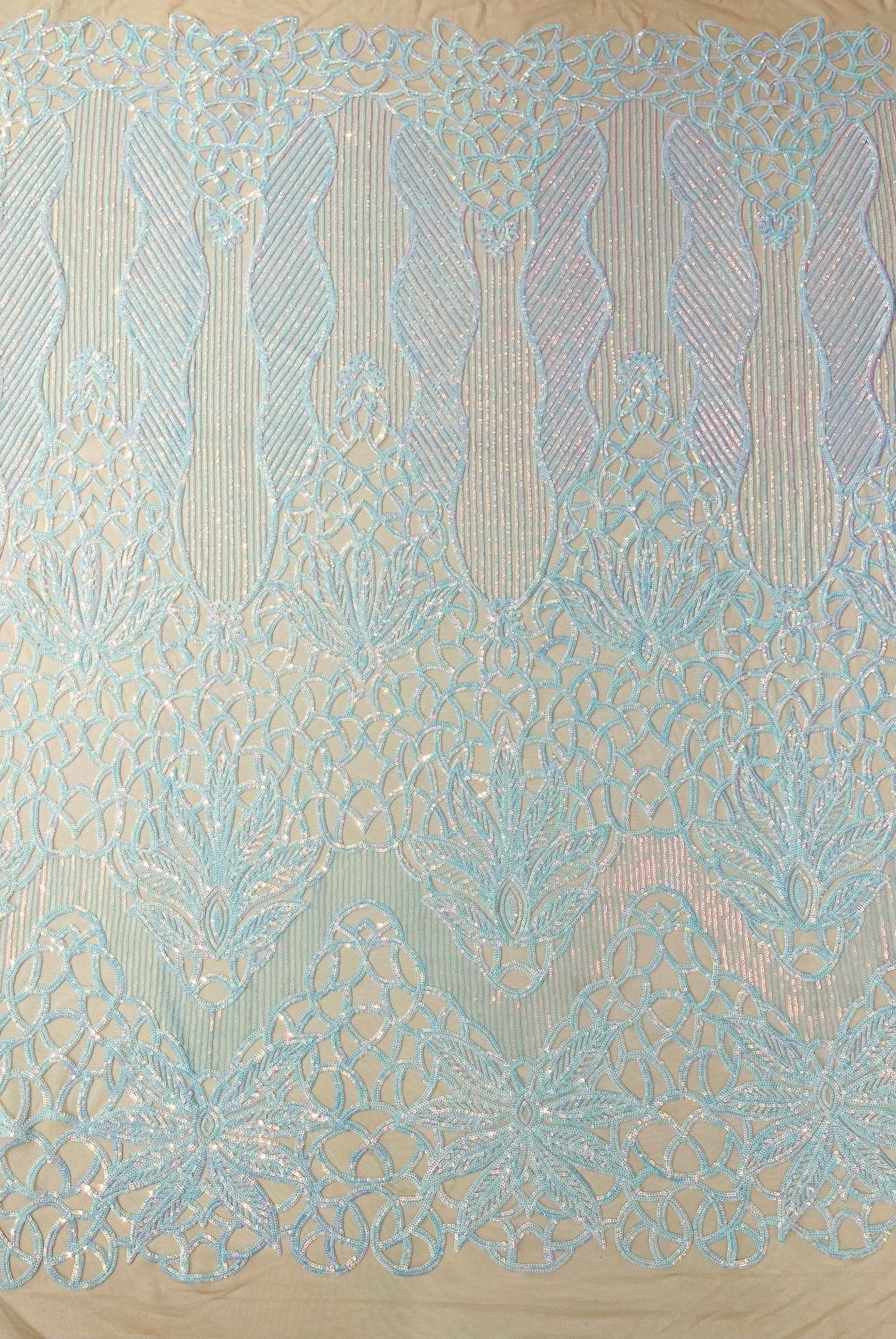 Feather Damask Sequin Design 4 Way Stretch Mesh Fabric - Floral Damask, Iridescent Sequins, 4 Way Stretch, 1 Yard