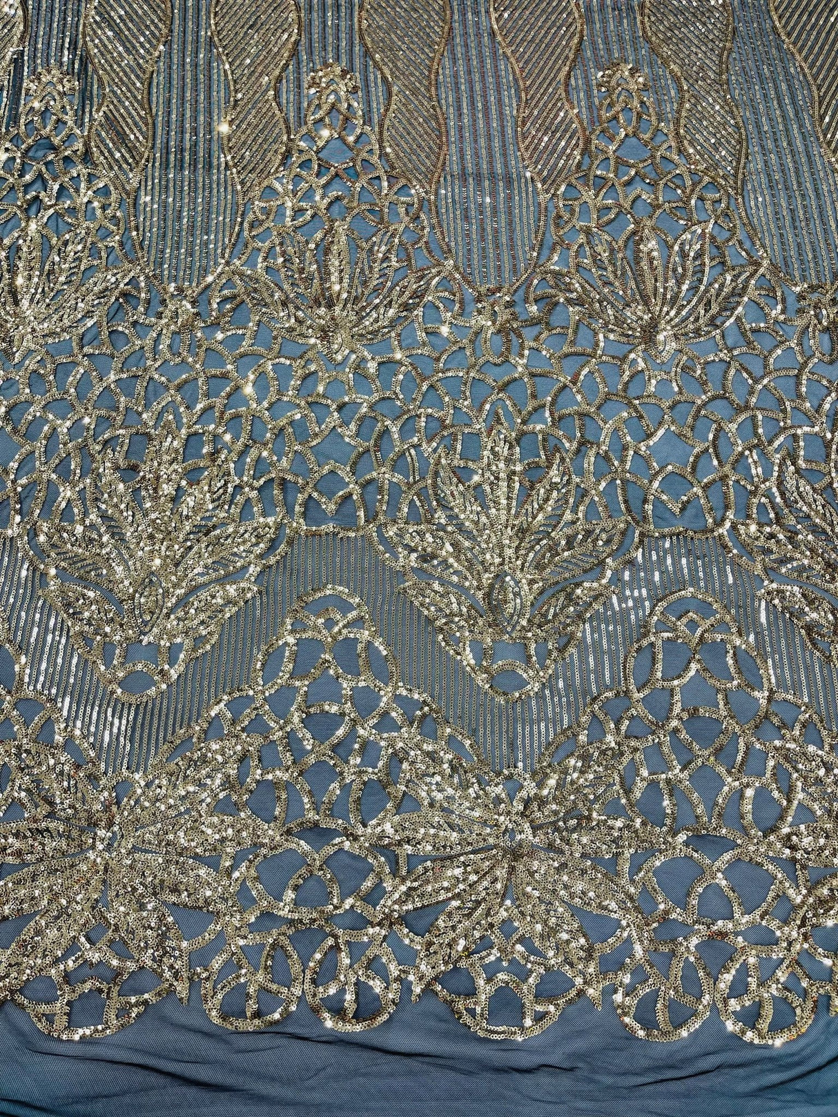 Feather Damask Sequin Design 4 Way Stretch Mesh Fabric - Floral Damask, Iridescent Sequins, 4 Way Stretch, 1 Yard