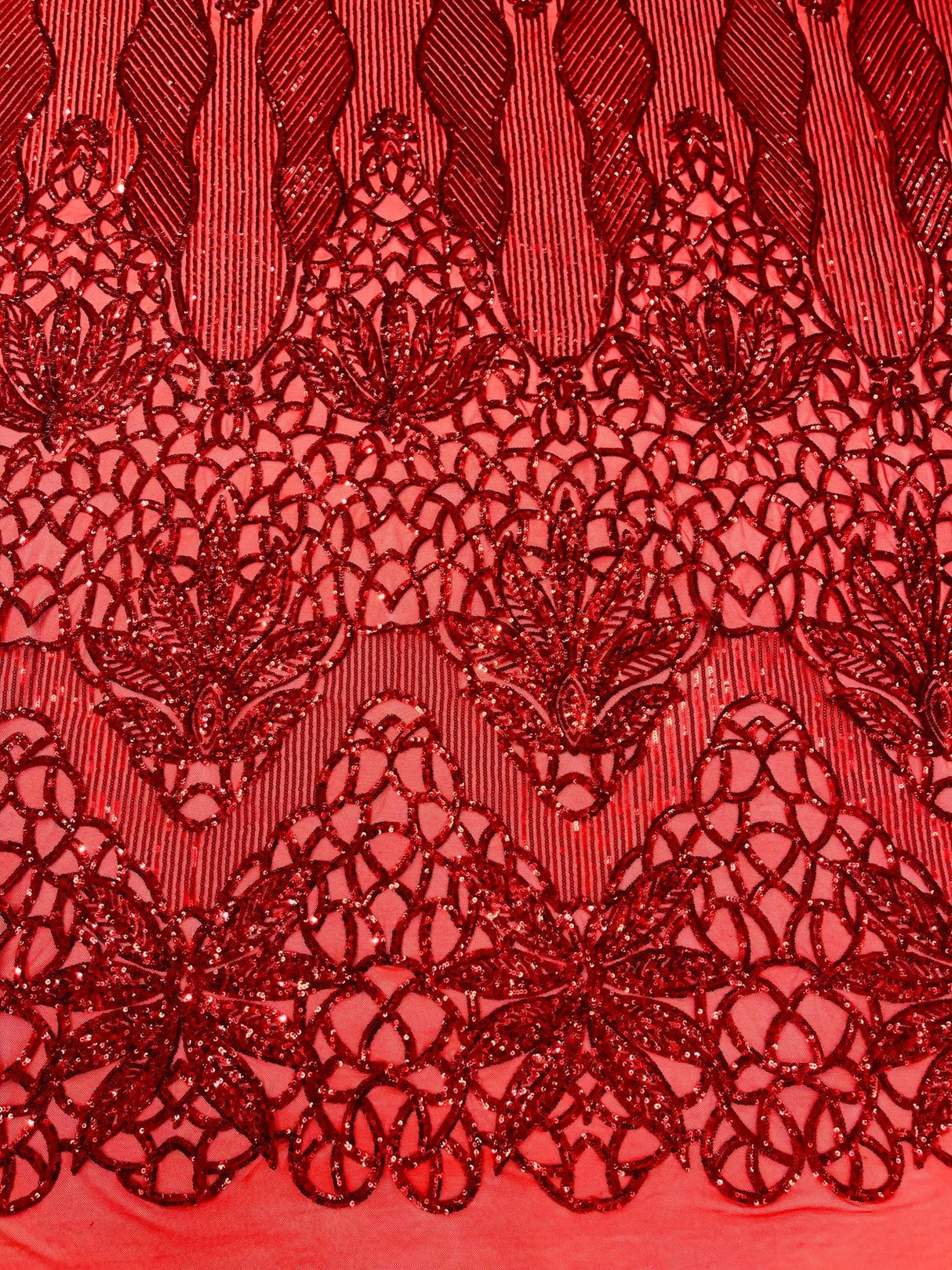 Feather Damask Sequin Design 4 Way Stretch Mesh Fabric - Floral Damask, Iridescent Sequins, 4 Way Stretch, 1 Yard
