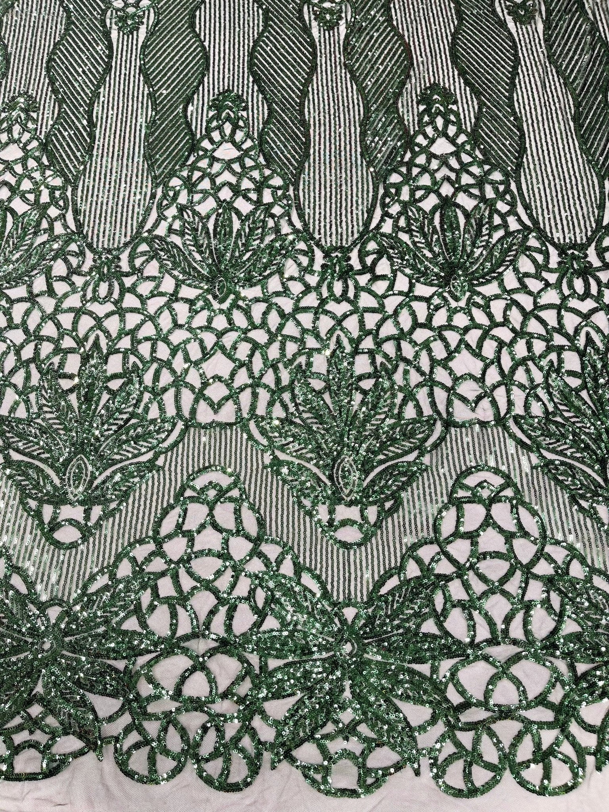 Feather Damask Sequin Design 4 Way Stretch Mesh Fabric - Floral Damask, Iridescent Sequins, 4 Way Stretch, 1 Yard