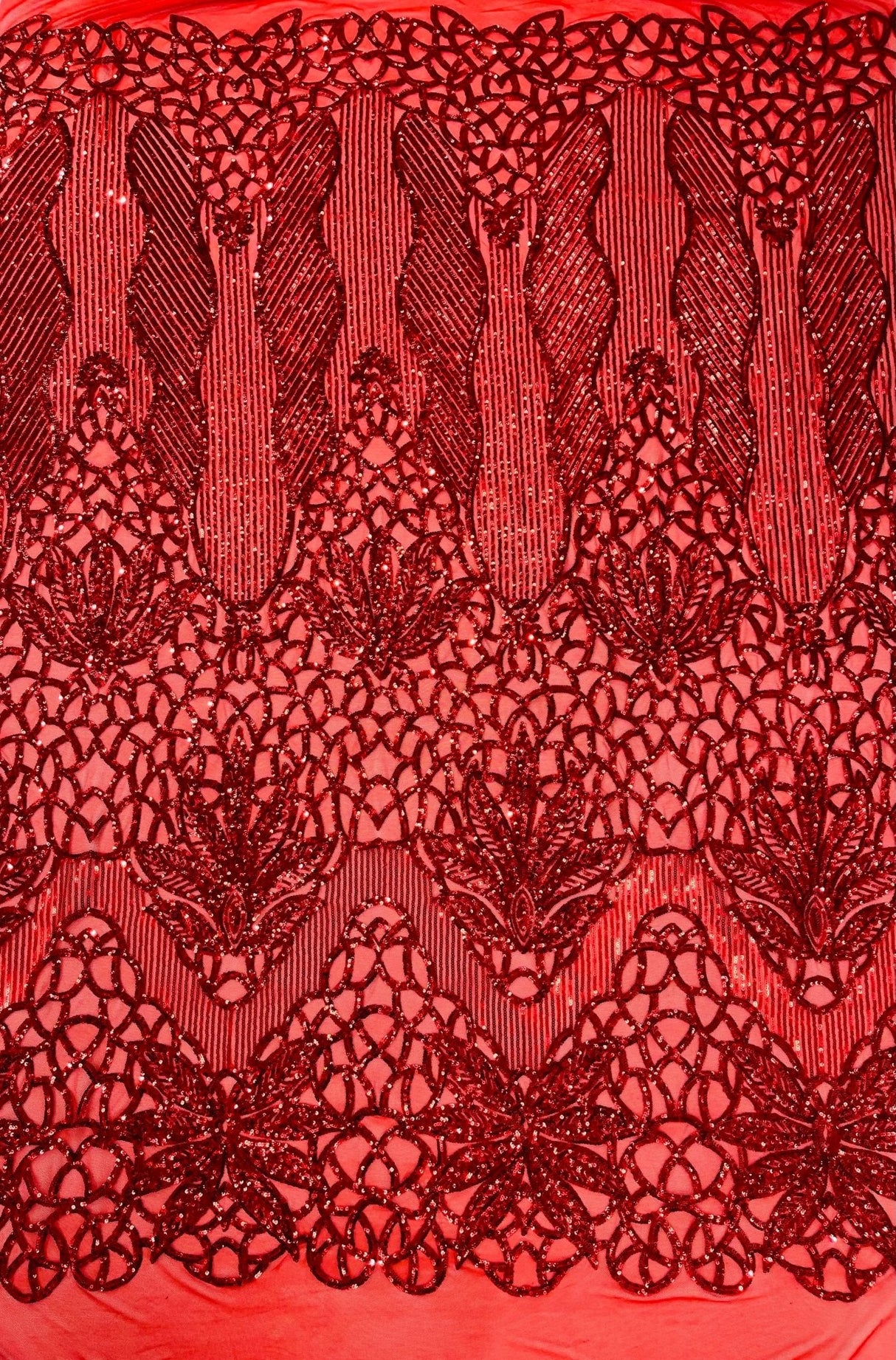 Feather Damask Sequin Design 4 Way Stretch Mesh Fabric - Floral Damask, Iridescent Sequins, 4 Way Stretch, 1 Yard