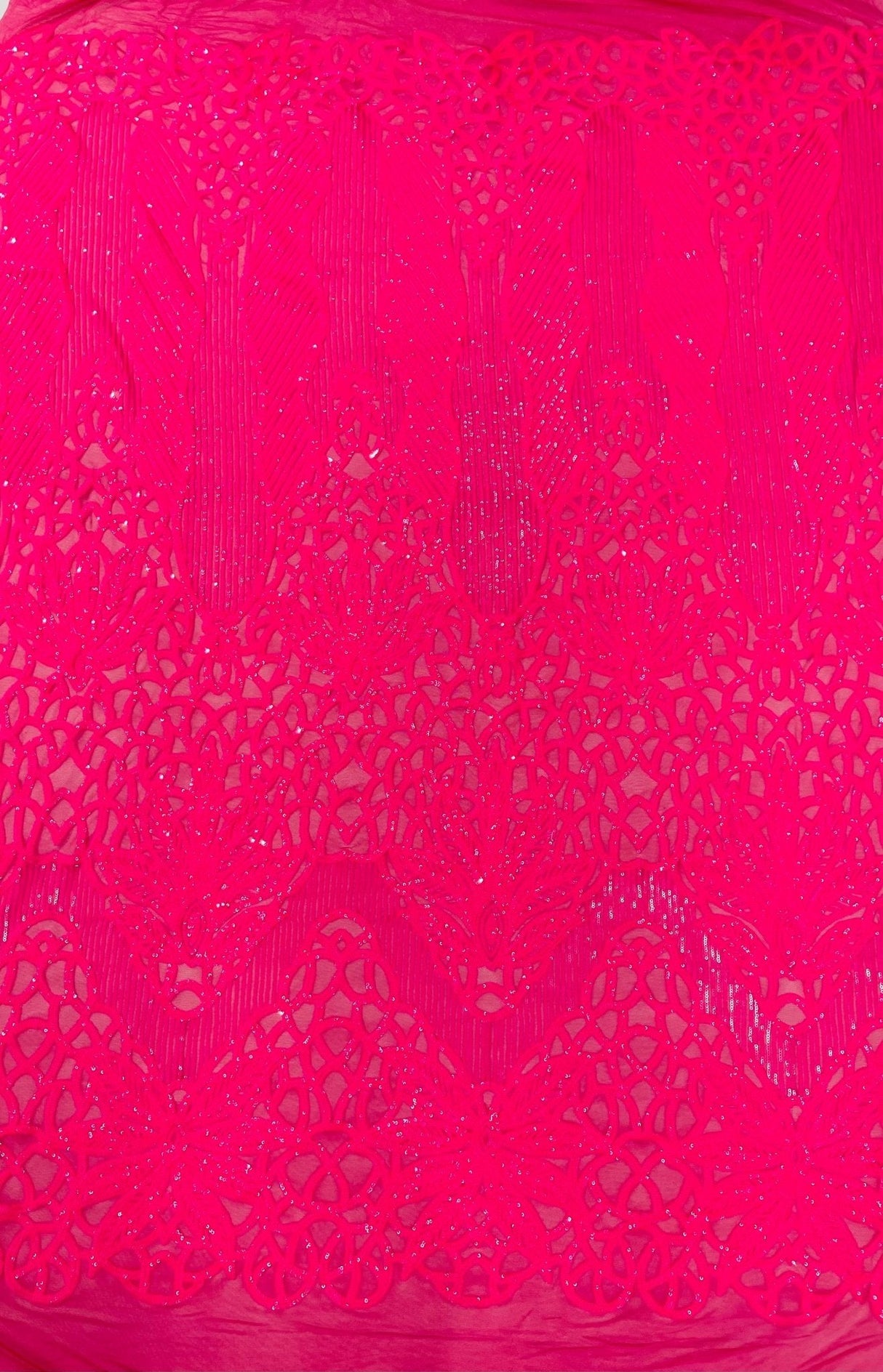 Feather Damask Sequin Design 4 Way Stretch Mesh Fabric - Floral Damask, Iridescent Sequins, 4 Way Stretch, 1 Yard