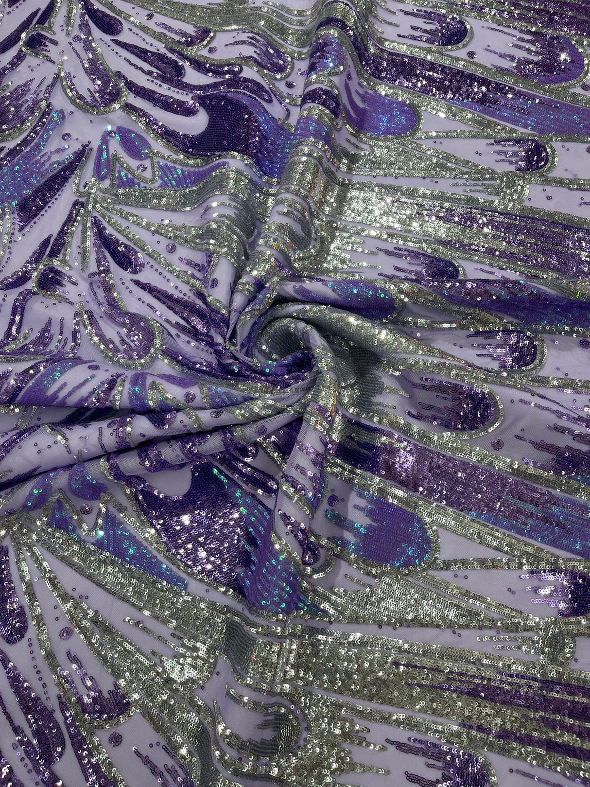 Feather Wing Sequin Fabric - Iridescent Feather Damask, 54" Width (1 Yard)