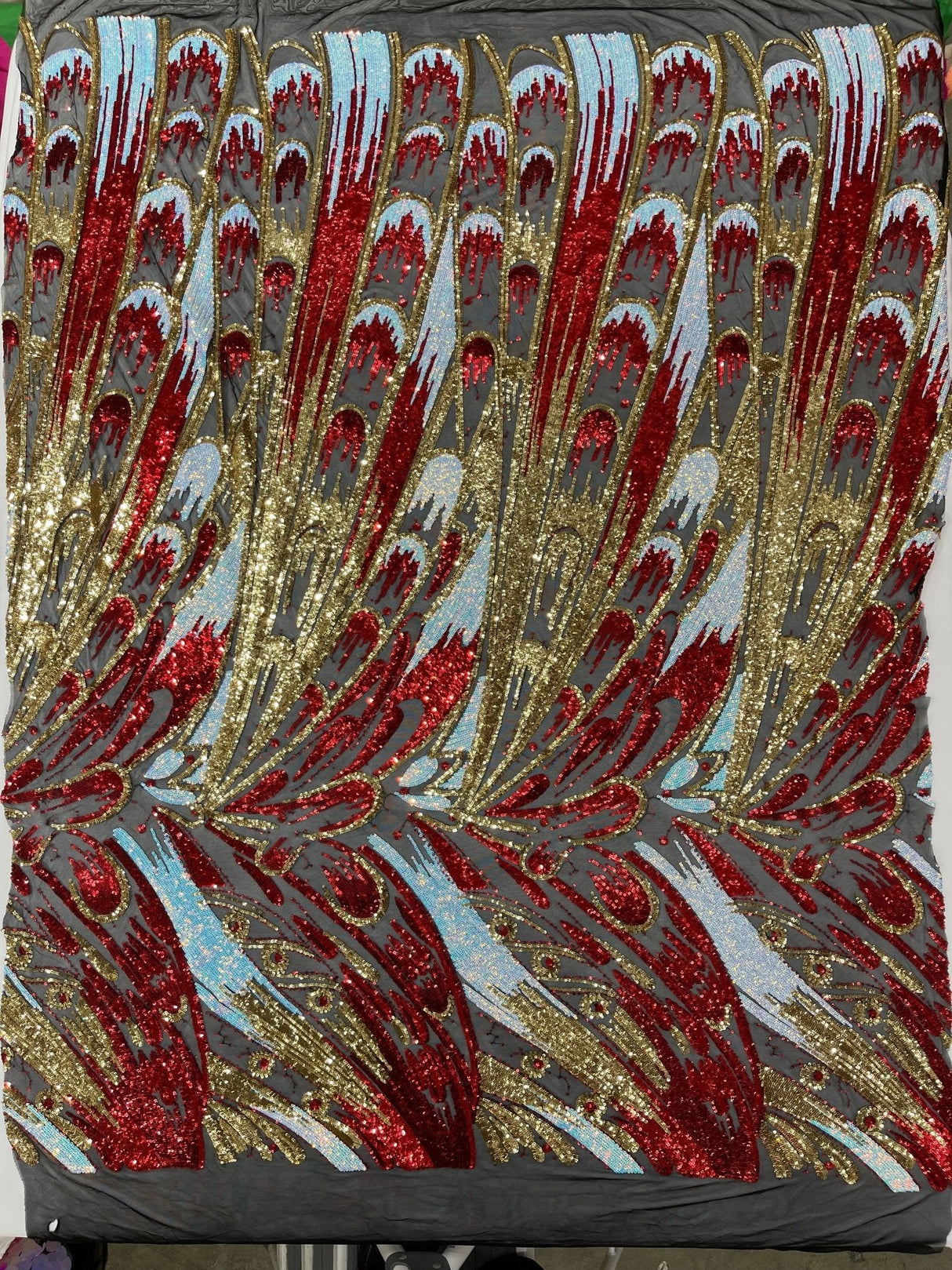 Feather Wing Sequin Fabric - Iridescent Feather Damask, 54" Width (1 Yard)